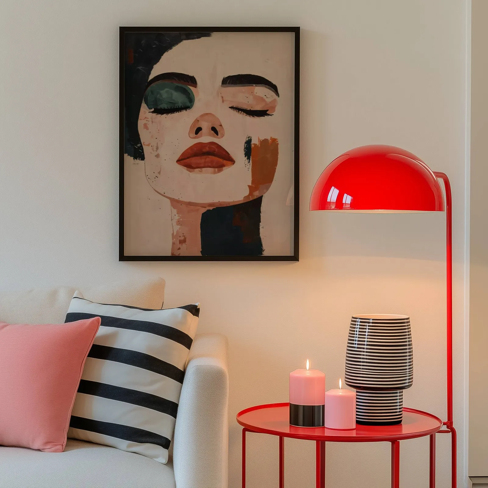 abstract face art print in terracotta and black, above a cream sofa beside a glossy red dome lamp