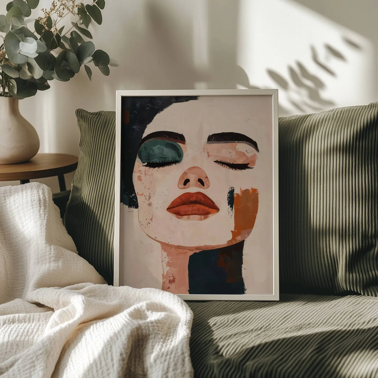 abstract face art print in terracotta and black, propped on an olive corduroy sofa beside a eucalyptus vase