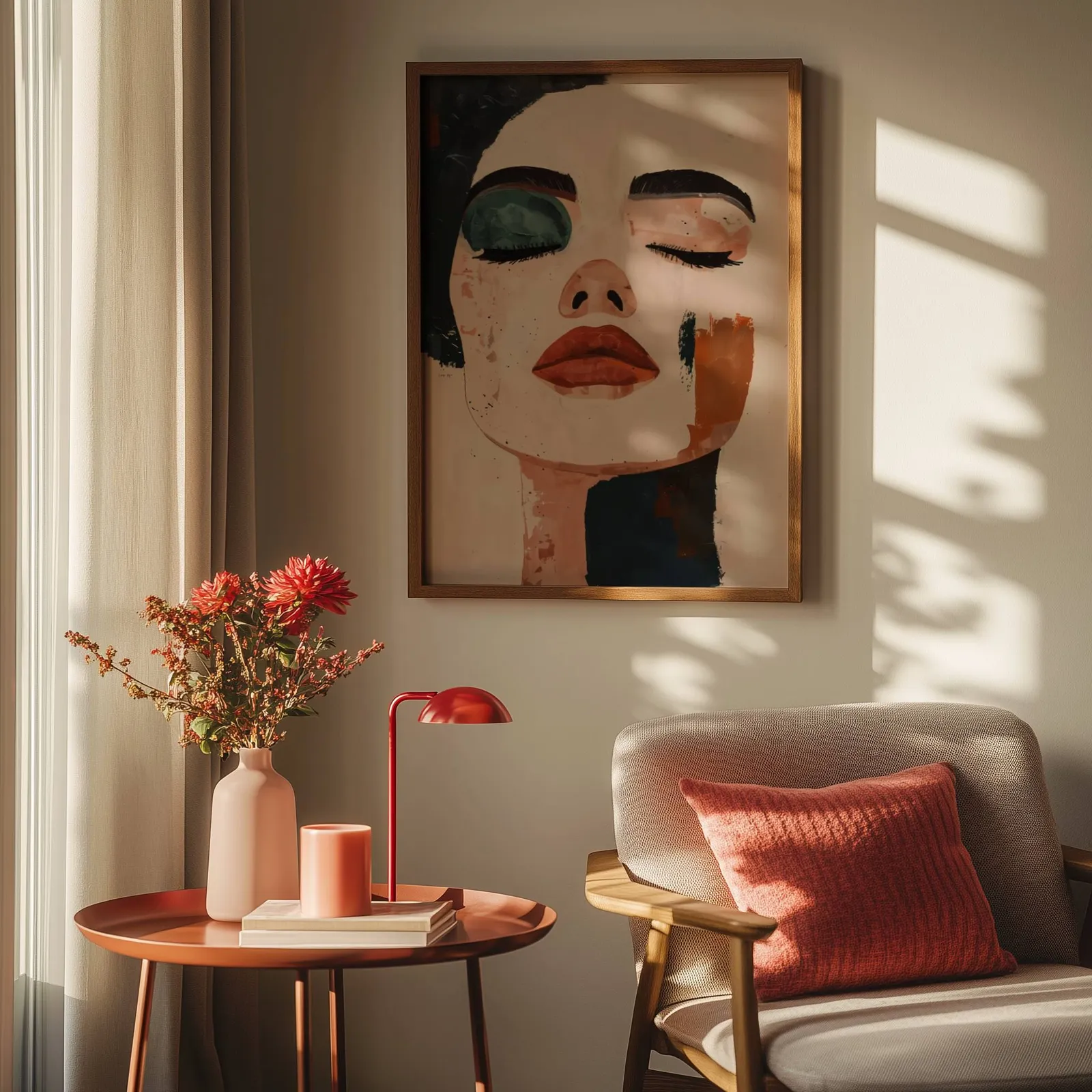 abstract face art print in terracotta and black, above a round side table with a red lamp and dahlias