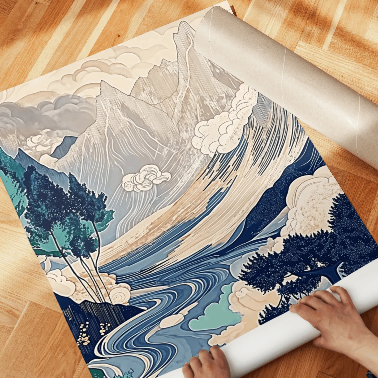 blue japandi mountain landscape triptych wall art, unrolled across a herringbone wood floor by hand