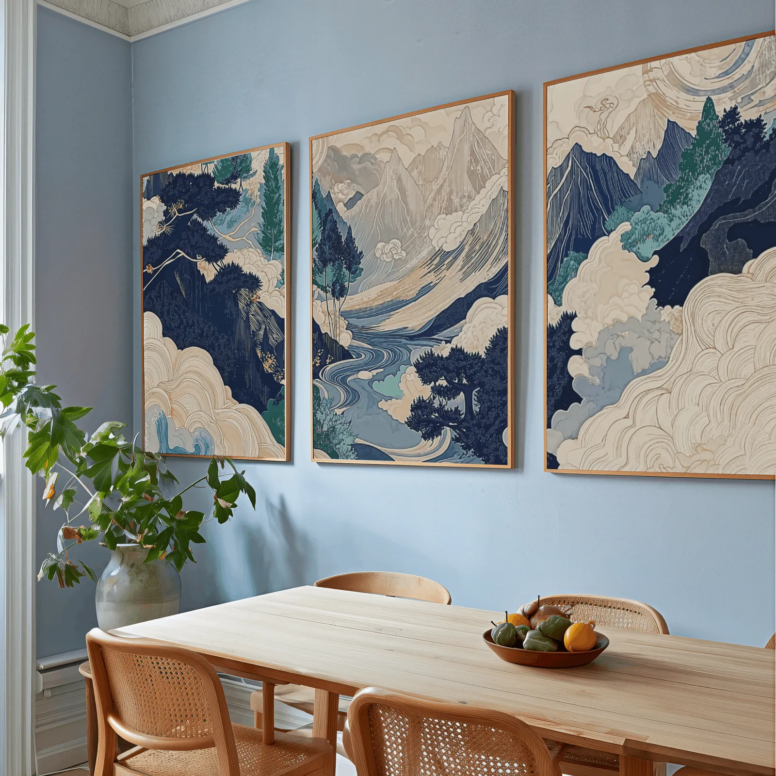 blue japandi mountain landscape triptych wall art, above a wooden dining table with cane chairs and a fruit bowl