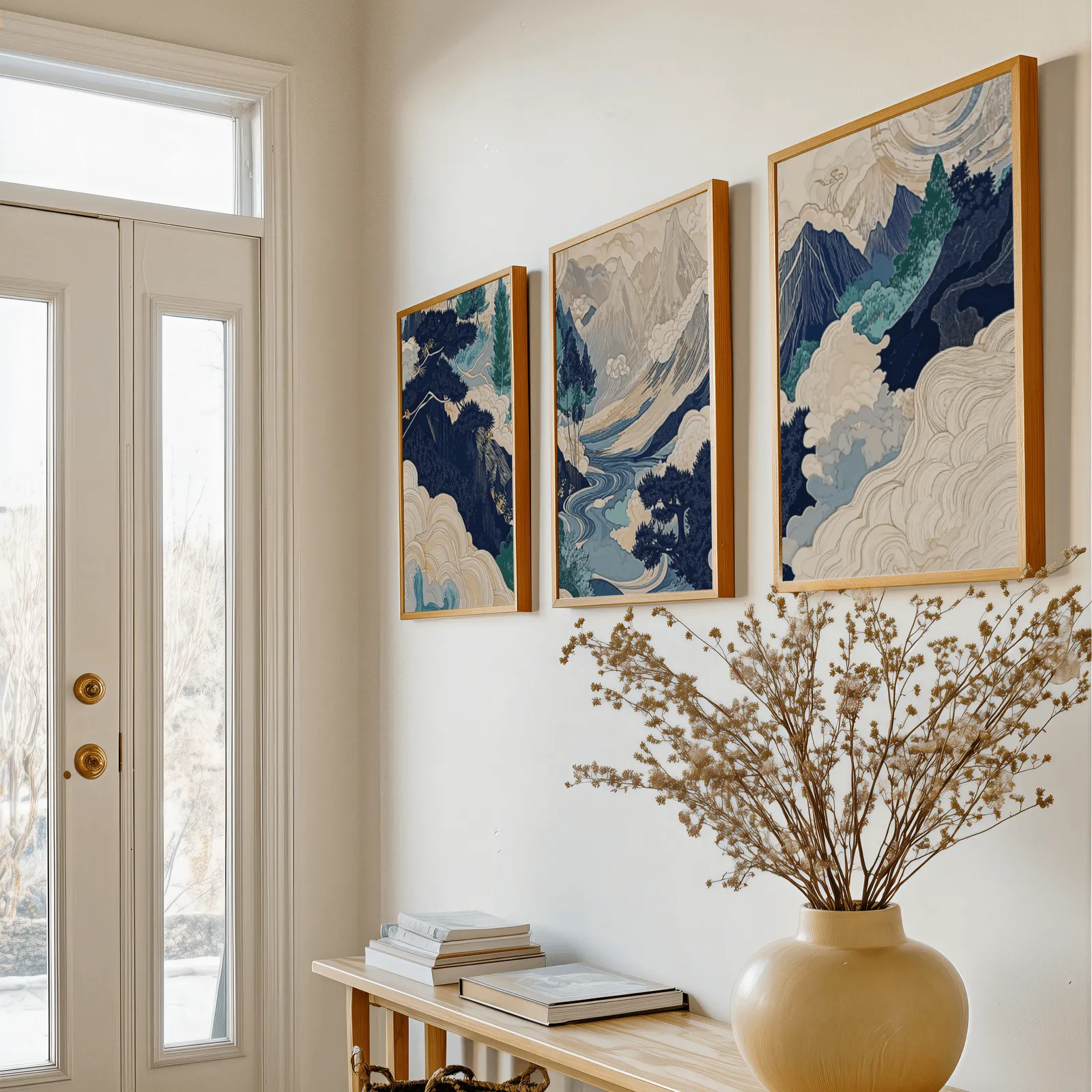 blue japandi mountain landscape triptych wall art, above a console table with a yellow vase of dried branches
