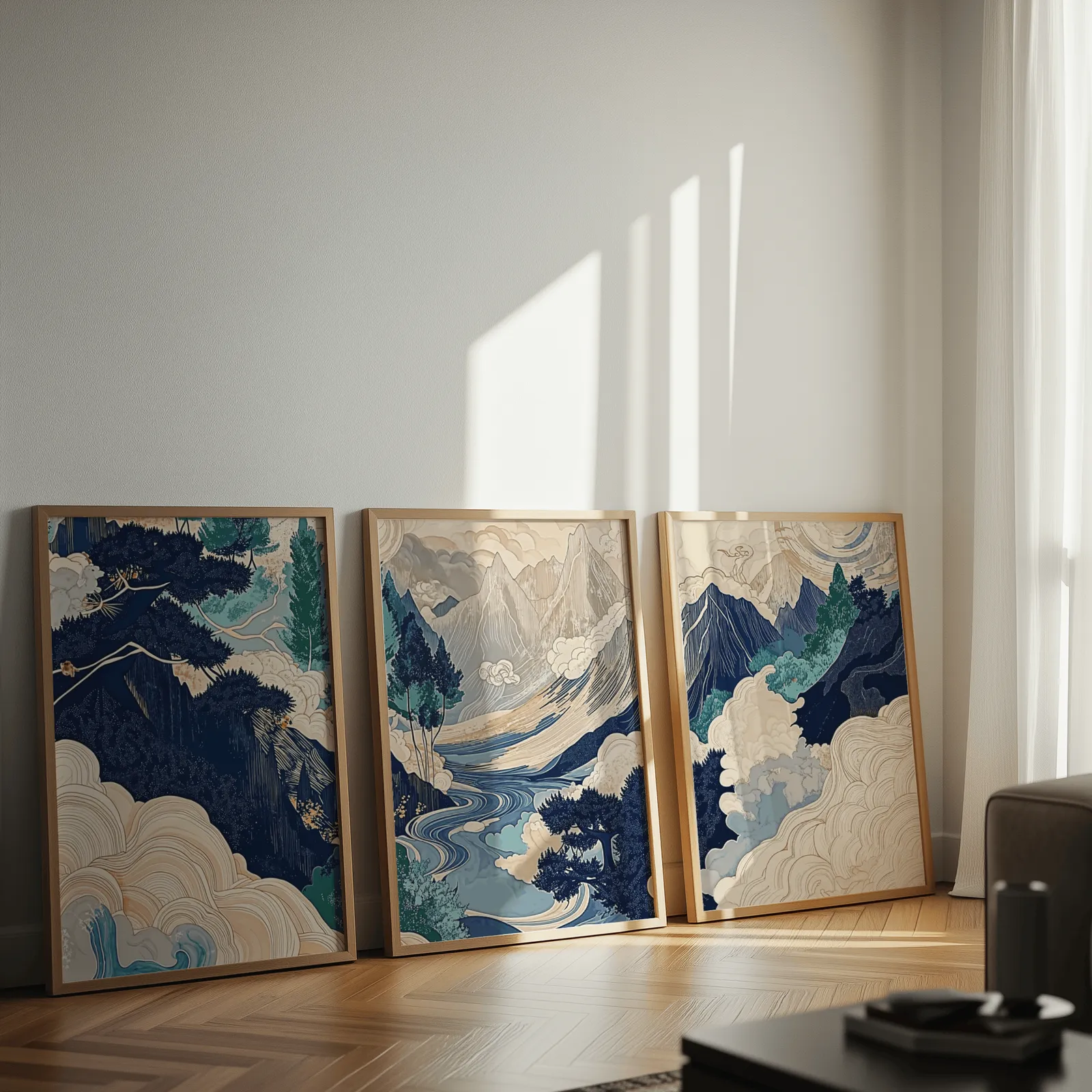 blue japandi mountain landscape triptych wall art, leaning against a sunlit wall on herringbone flooring
