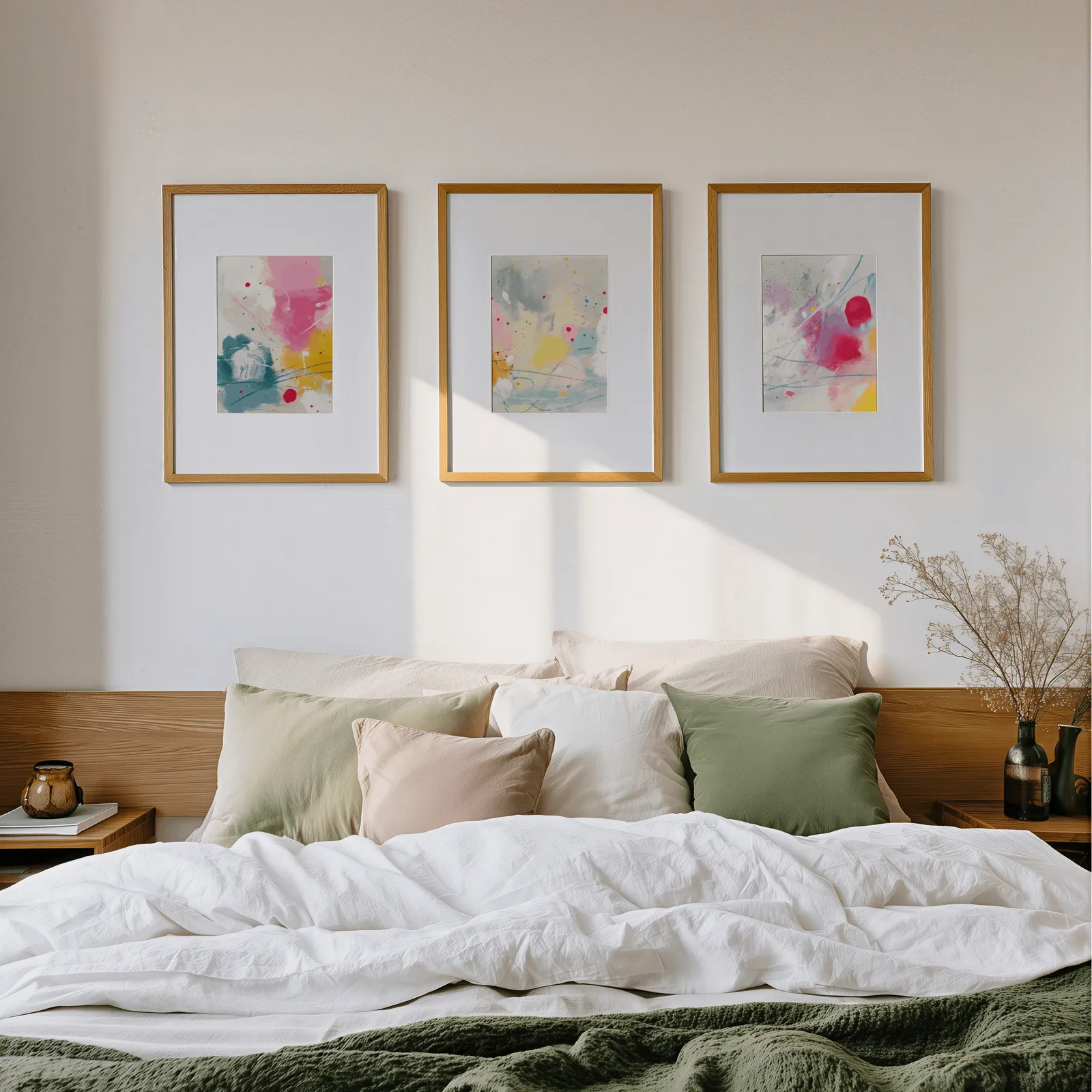 colorful abstract wall art set of 3, above a wooden headboard scattered with sage and blush pillows