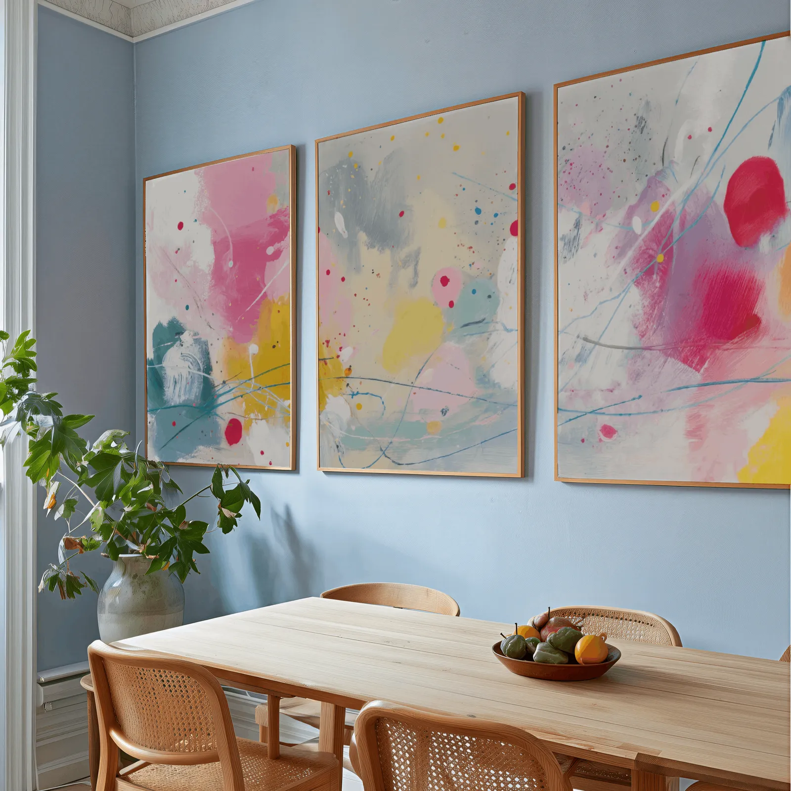 colorful abstract wall art set of 3, above a wooden dining table with cane chairs and a fruit bowl