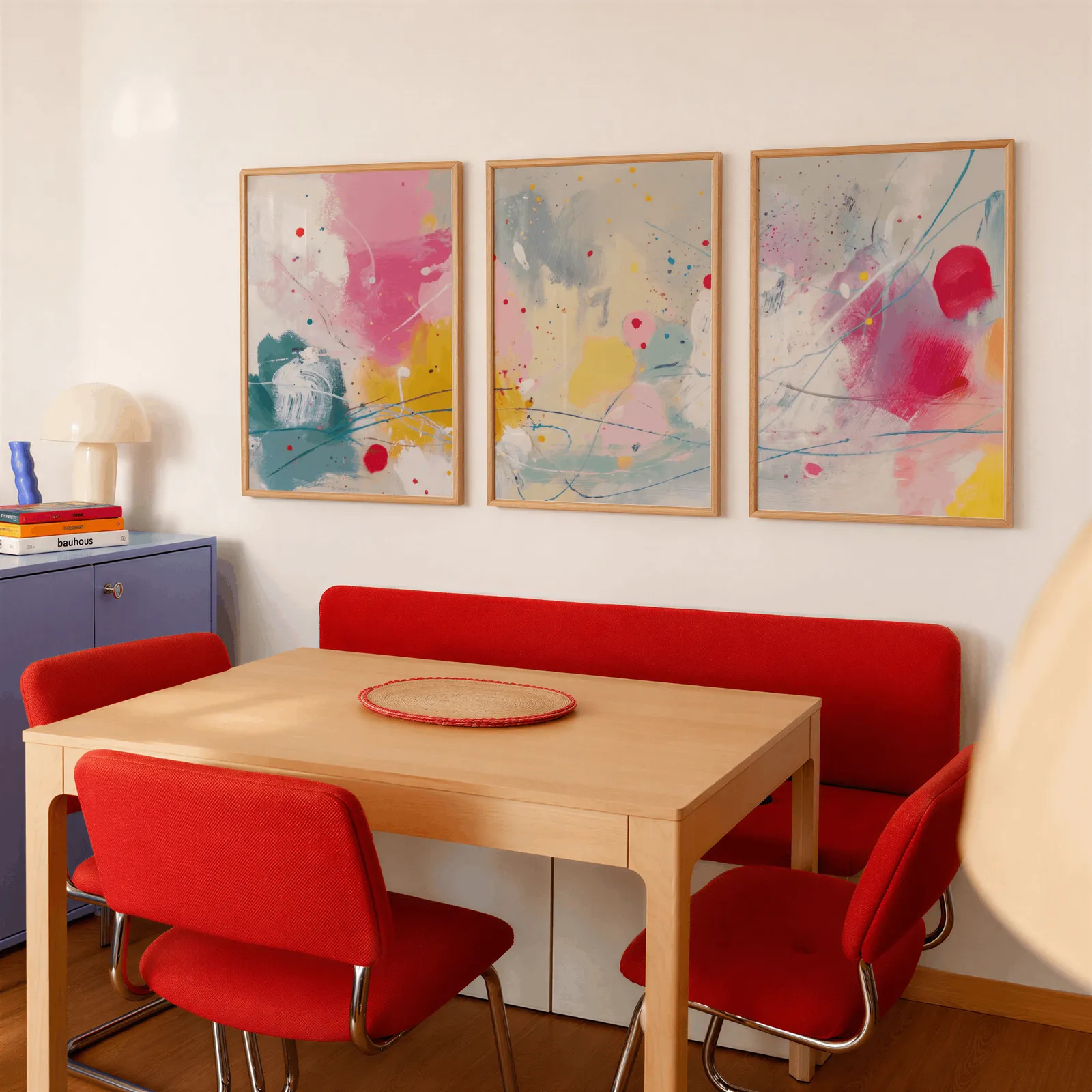 colorful abstract wall art set of 3, above a red banquette bench beside a lavender cabinet