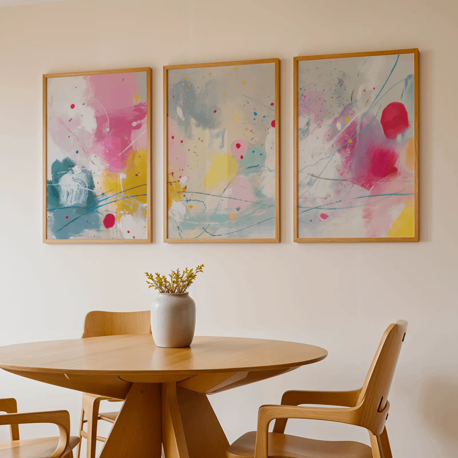 colorful abstract wall art set of 3, above a round wooden table with a stoneware vase