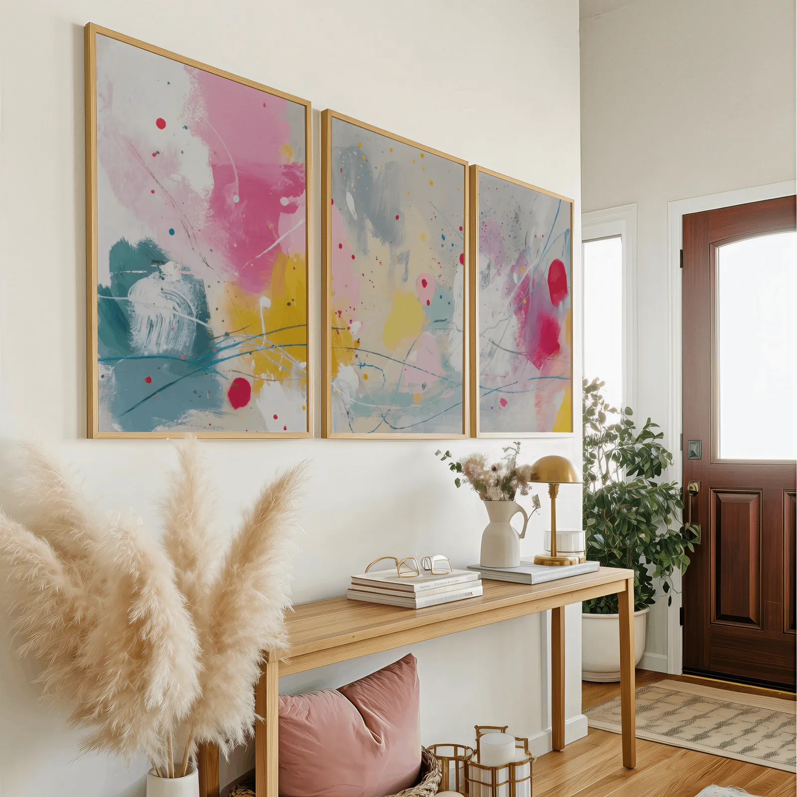 colorful abstract wall art set of 3, above a wooden console table near the entry door