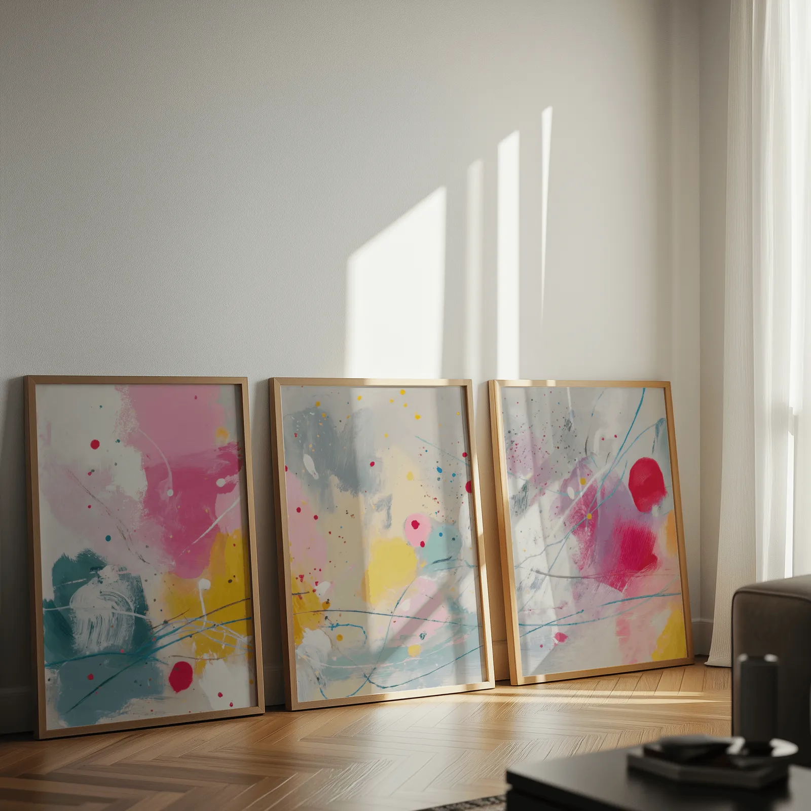 colorful abstract wall art set of 3, leaning against a sunlit wall on herringbone flooring