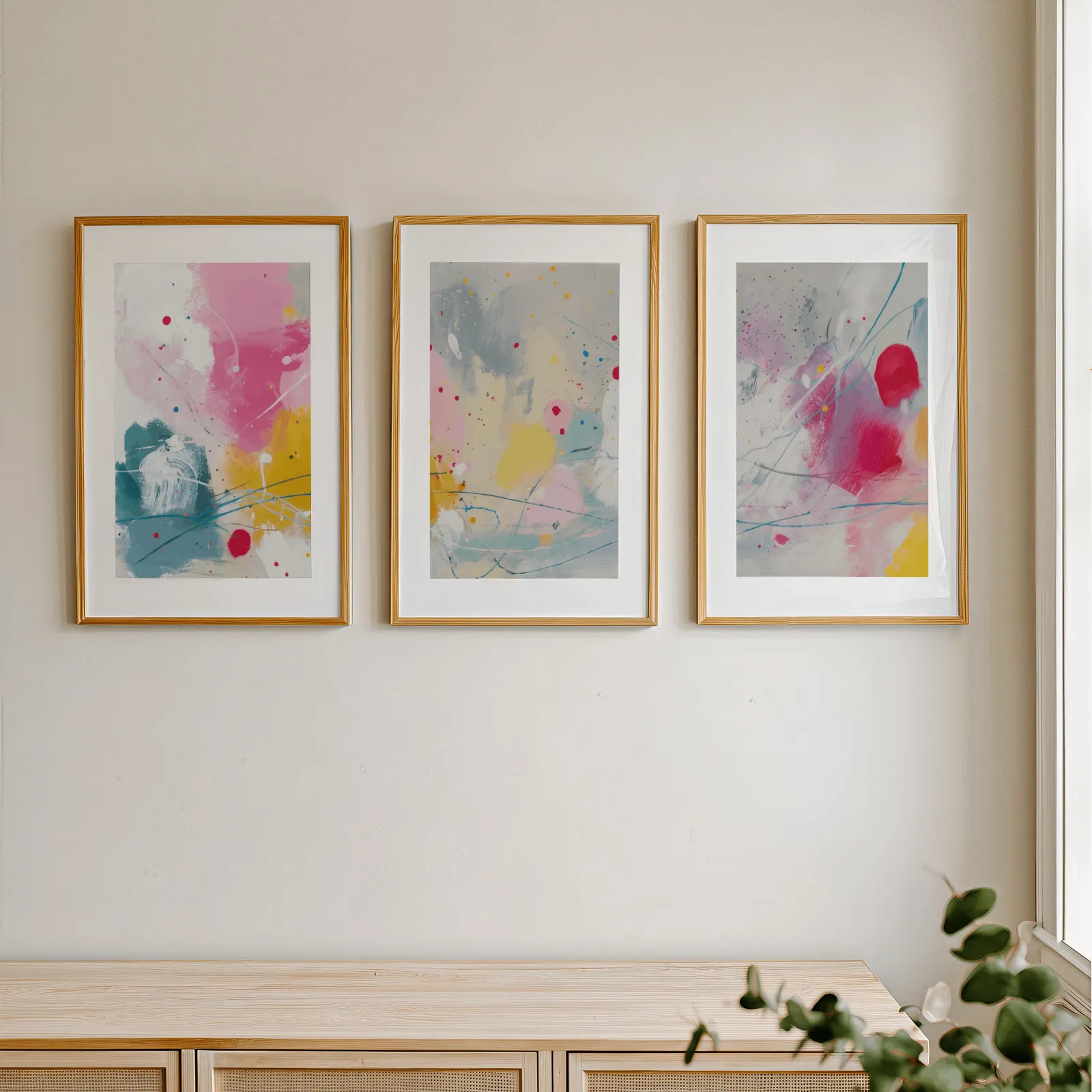 colorful abstract wall art set of 3, in a row above a light wooden sideboard near a window