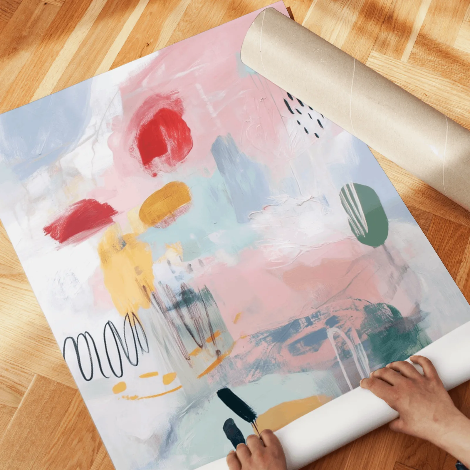 colorful abstract wall art set of 2 in pink and yellow, unrolled across a herringbone parquet floor by hand