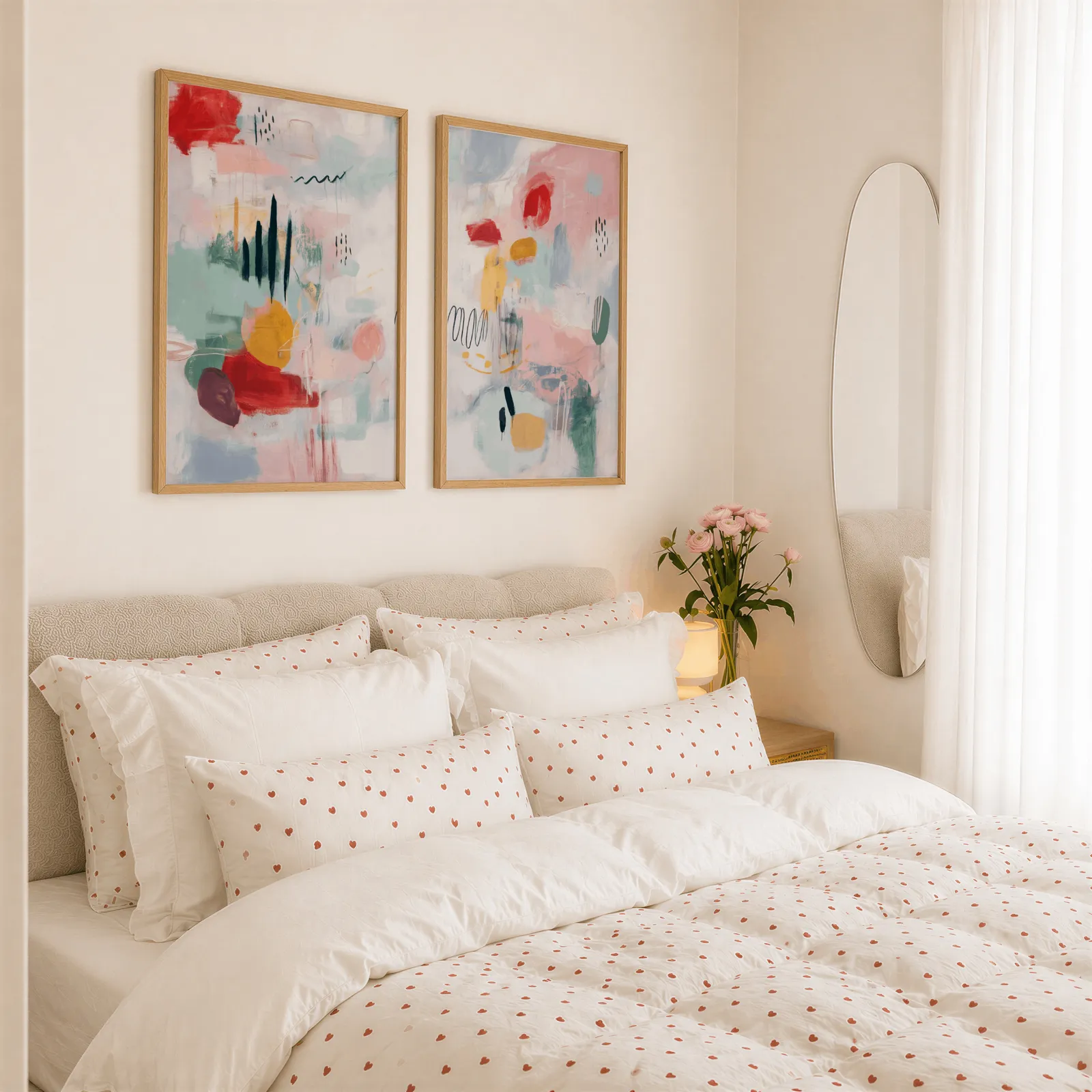 colorful abstract wall art set of 2 in pink and yellow, above a tufted headboard piled with heart-print pillows