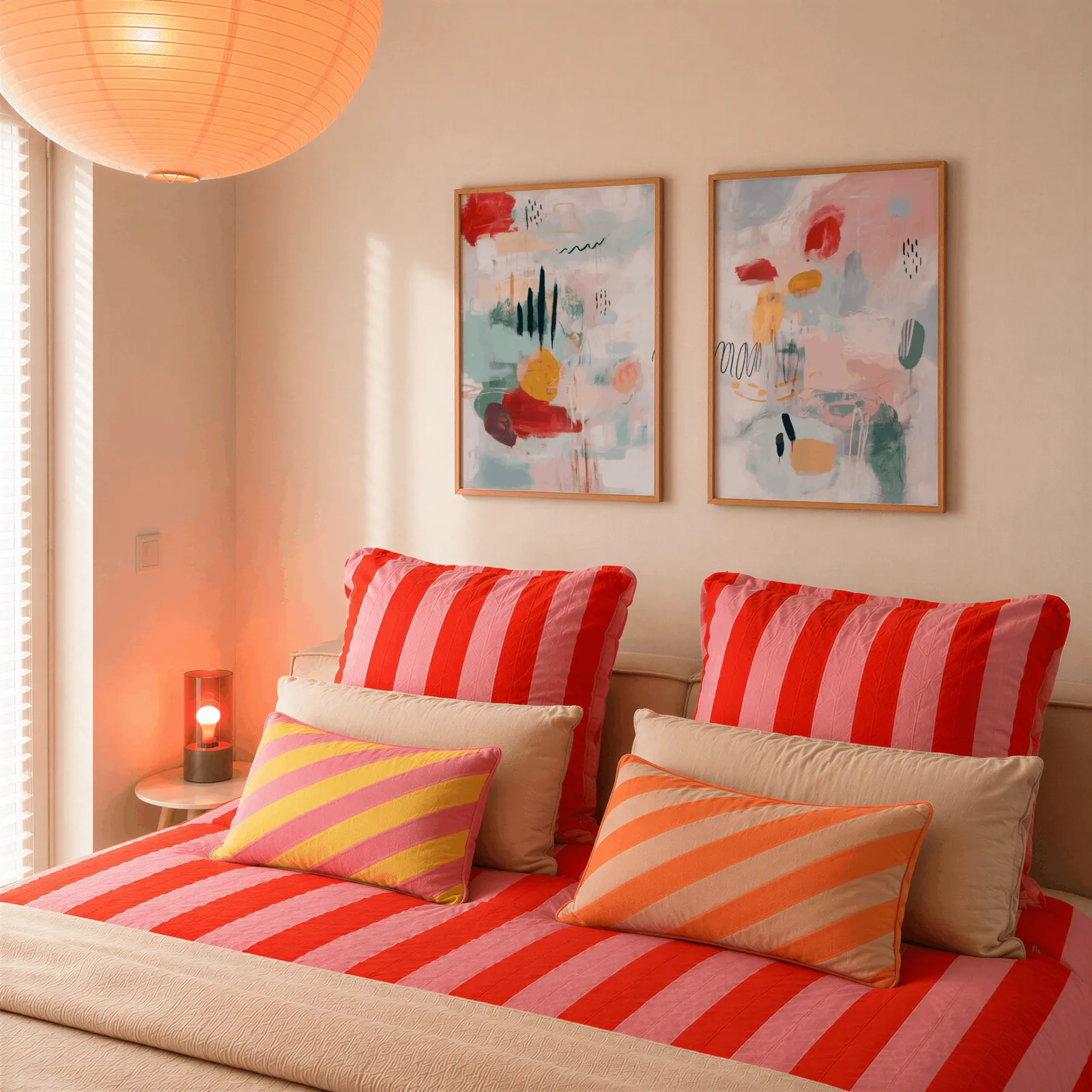 colorful abstract wall art set of 2 in pink and yellow, above a bed piled with red and pink striped pillows