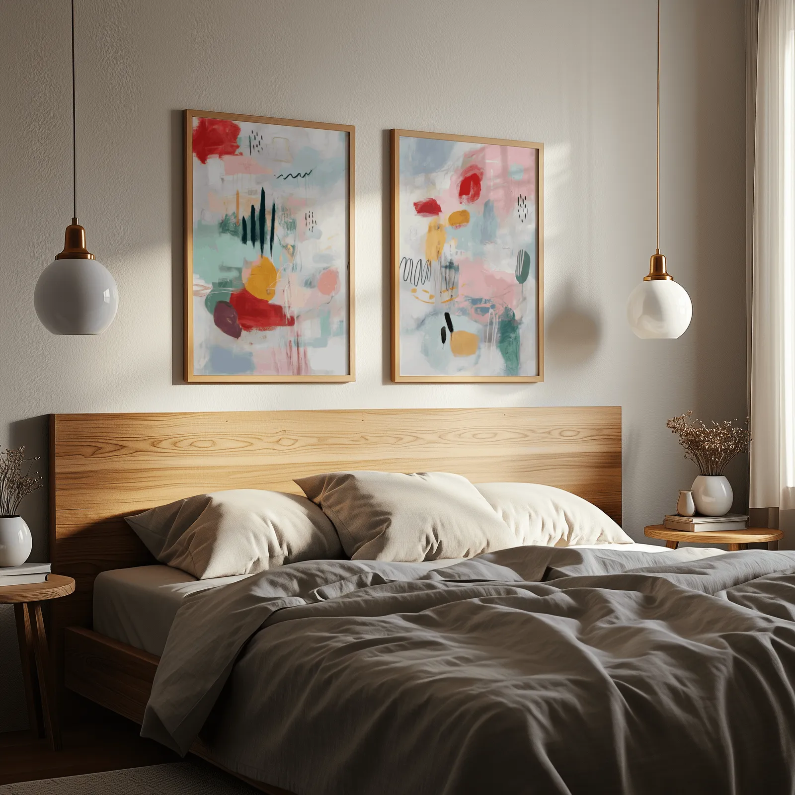colorful abstract wall art set of 2 in pink and yellow, above a wooden headboard flanked by globe pendant lights
