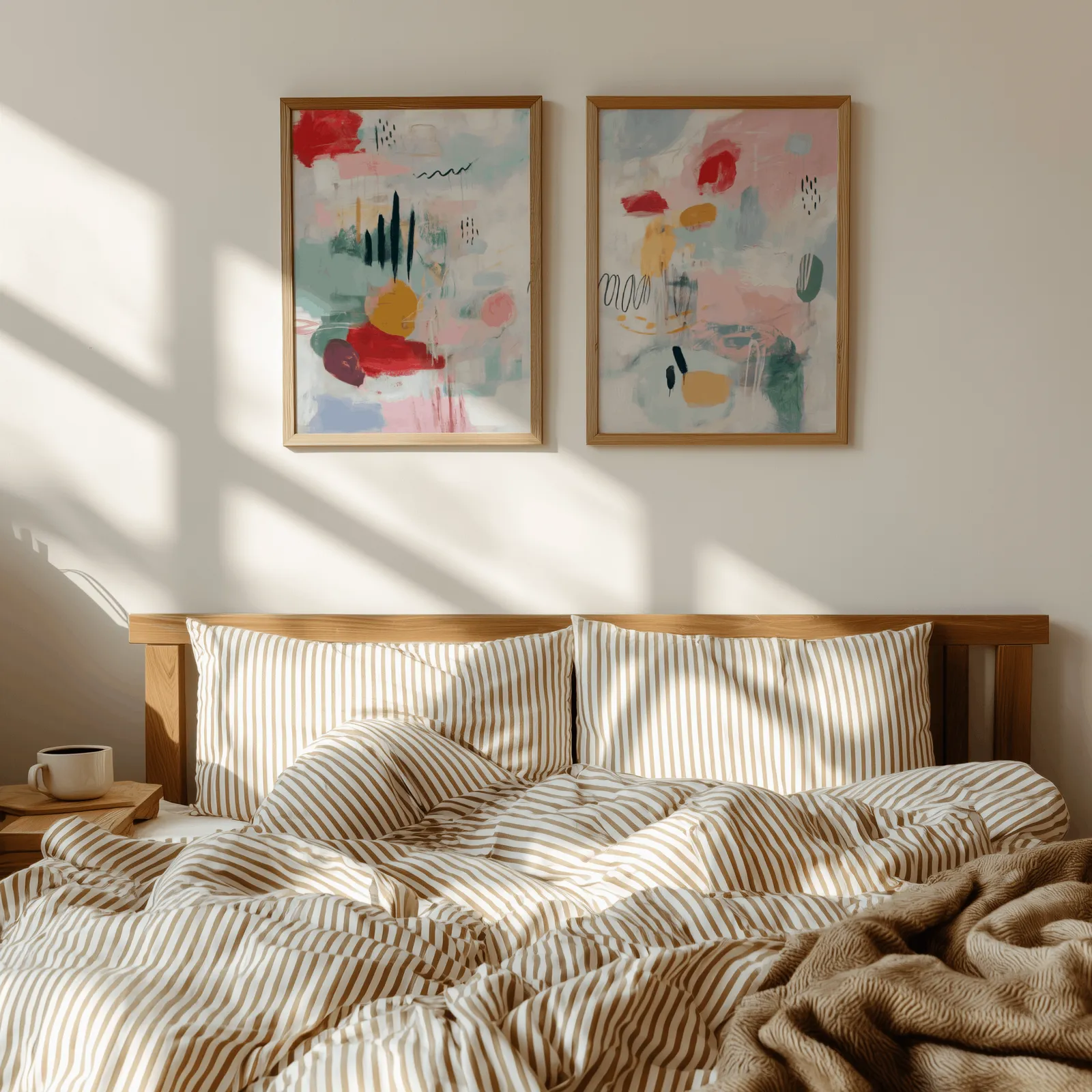 colorful abstract wall art set of 2 in pink and yellow, above a wooden headboard with striped bedding and raking sunlight