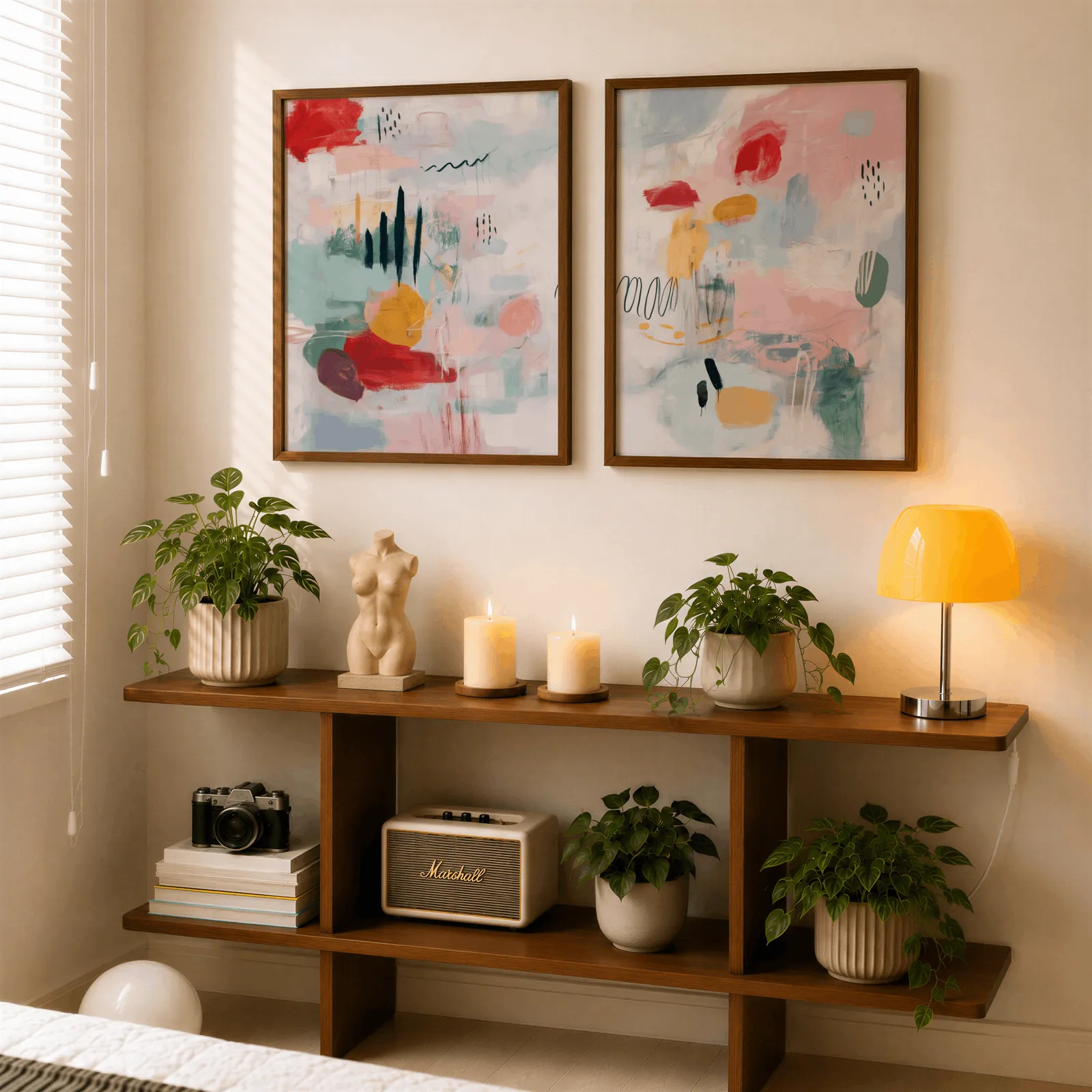 colorful abstract wall art set of 2 in pink and yellow, above a wooden console shelf with potted plants and a yellow lamp