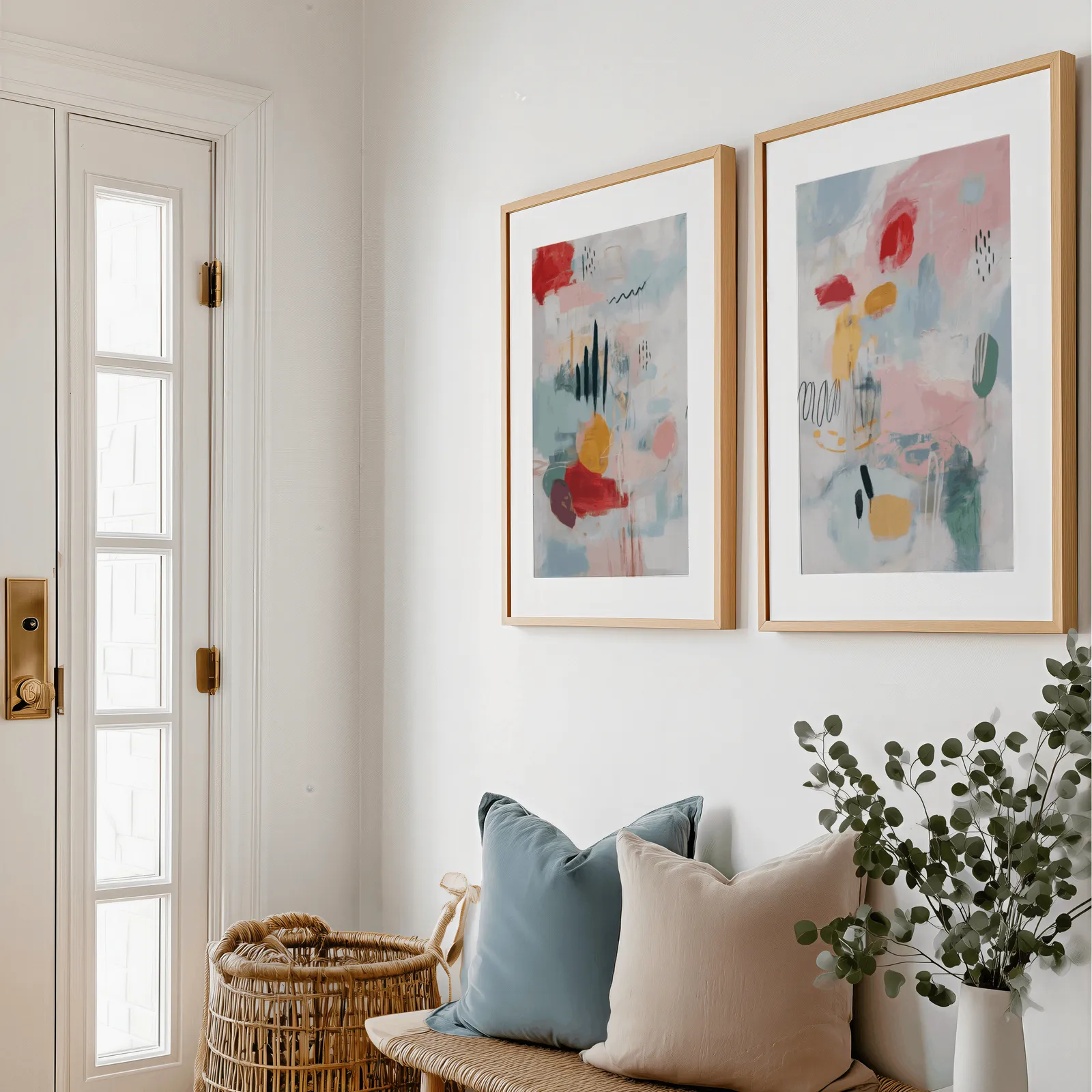 colorful abstract wall art set of 2 in pink and yellow, above a bench with blue and blush pillows near the entry door