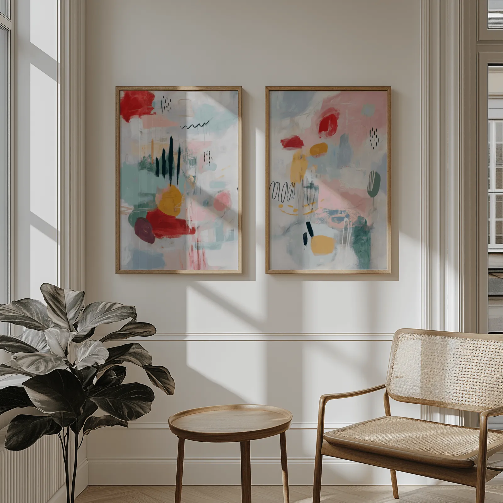colorful abstract wall art set of 2 in pink and yellow, above wainscoting beside a cane armchair and fiddle-leaf fig