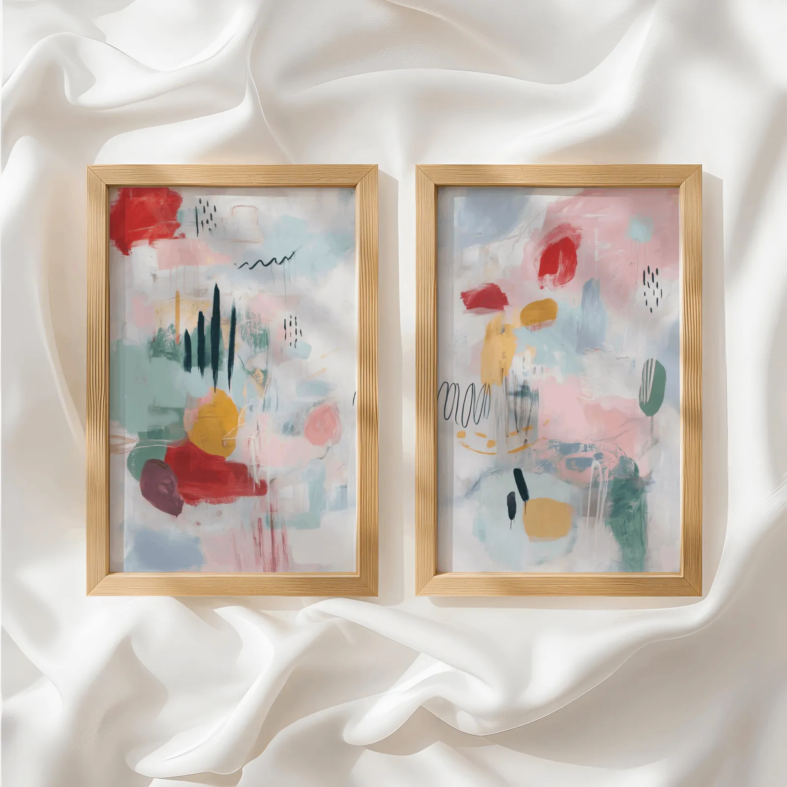 colorful abstract wall art set of 2 in pink and yellow, side by side atop rumpled white silky fabric