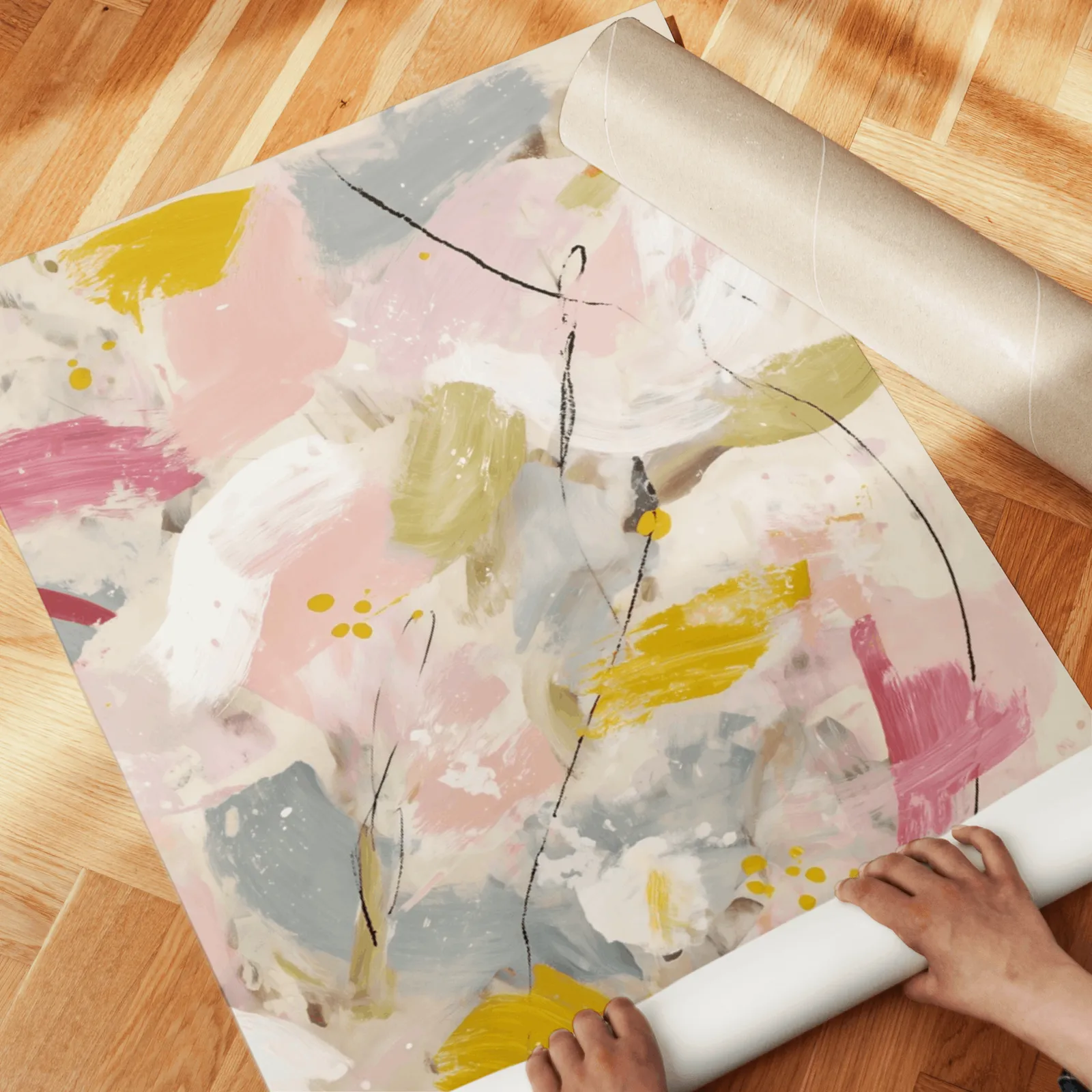 pink and yellow abstract wall art set of two, unrolled across a herringbone parquet floor by hand