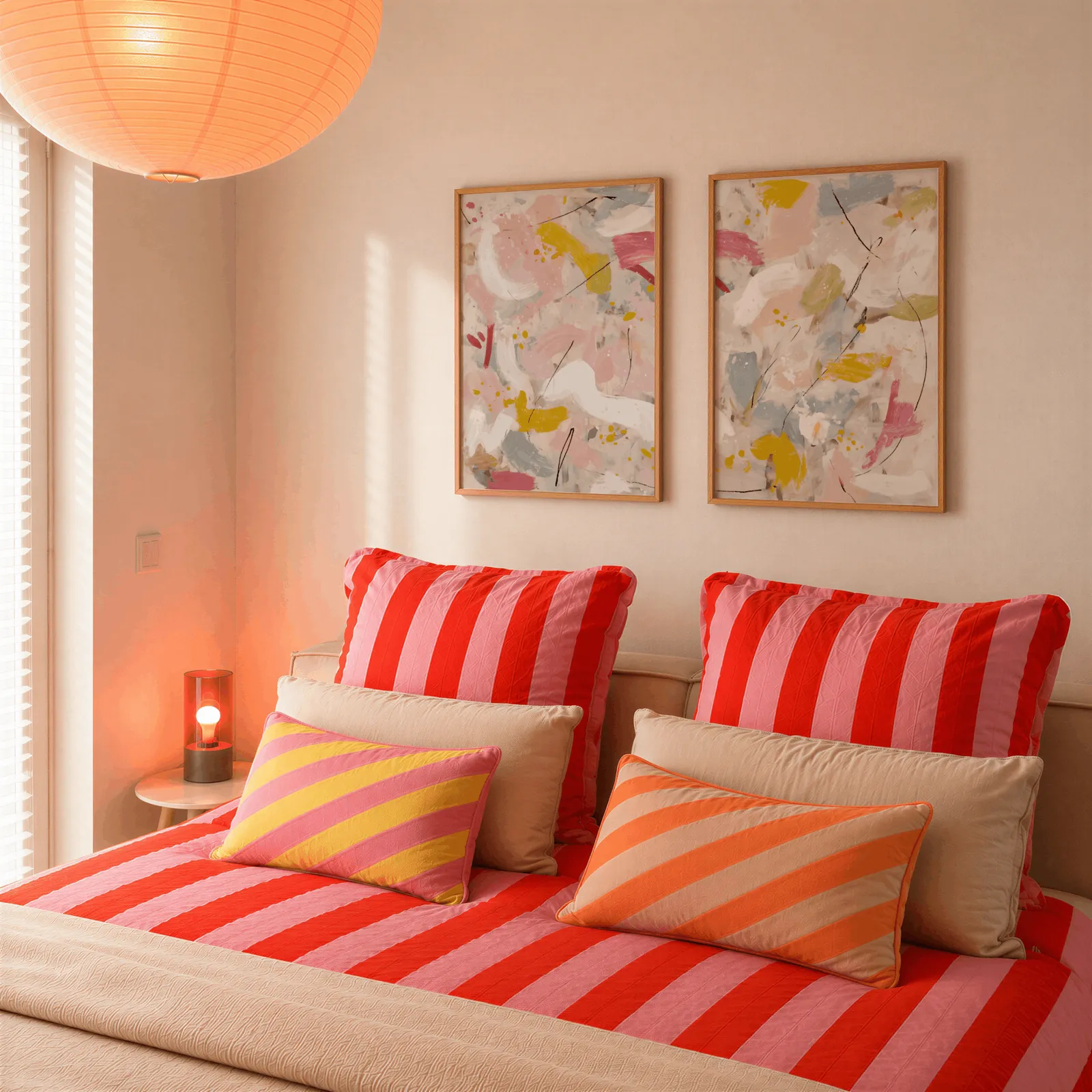 pink and yellow abstract wall art set of two, above a bed piled with red and pink striped pillows
