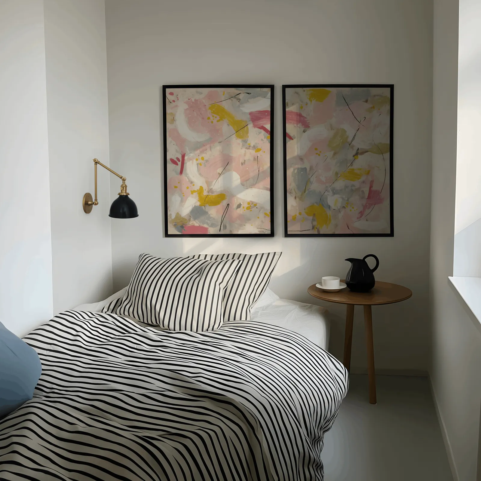 pink and yellow abstract wall art set of two, above a striped bed beside a brass swing-arm lamp