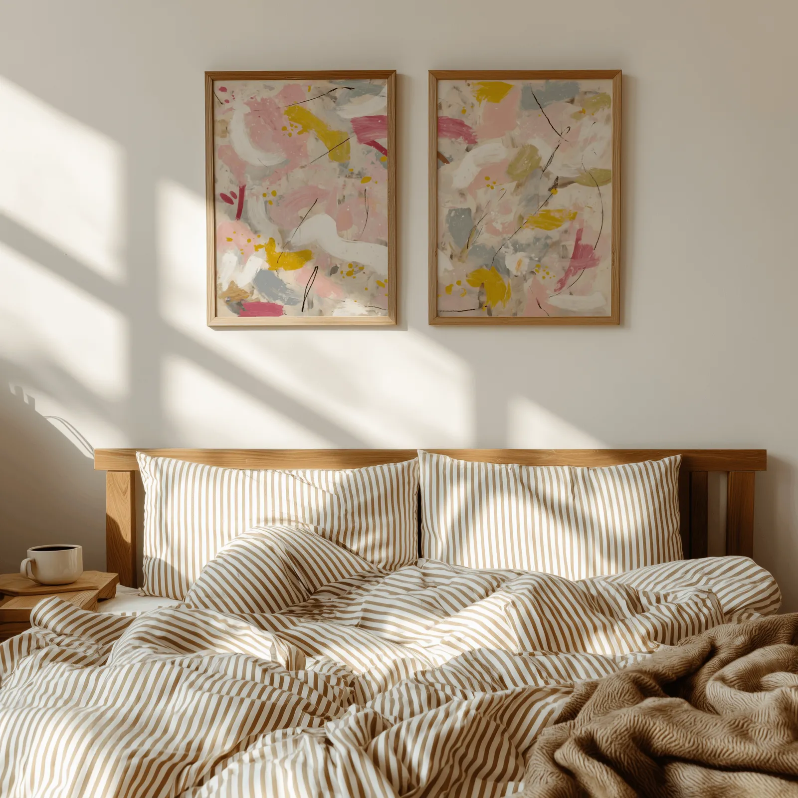 pink and yellow abstract wall art set of two, above a wooden headboard with striped bedding and raking sunlight