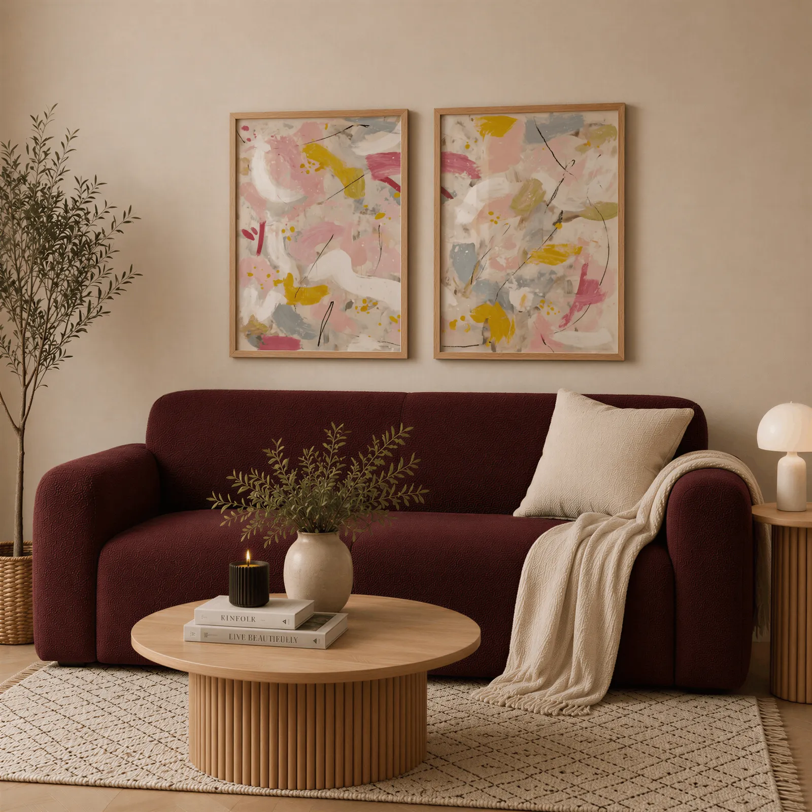 pink and yellow abstract wall art set of two, above a deep burgundy boucle sofa with cream throw