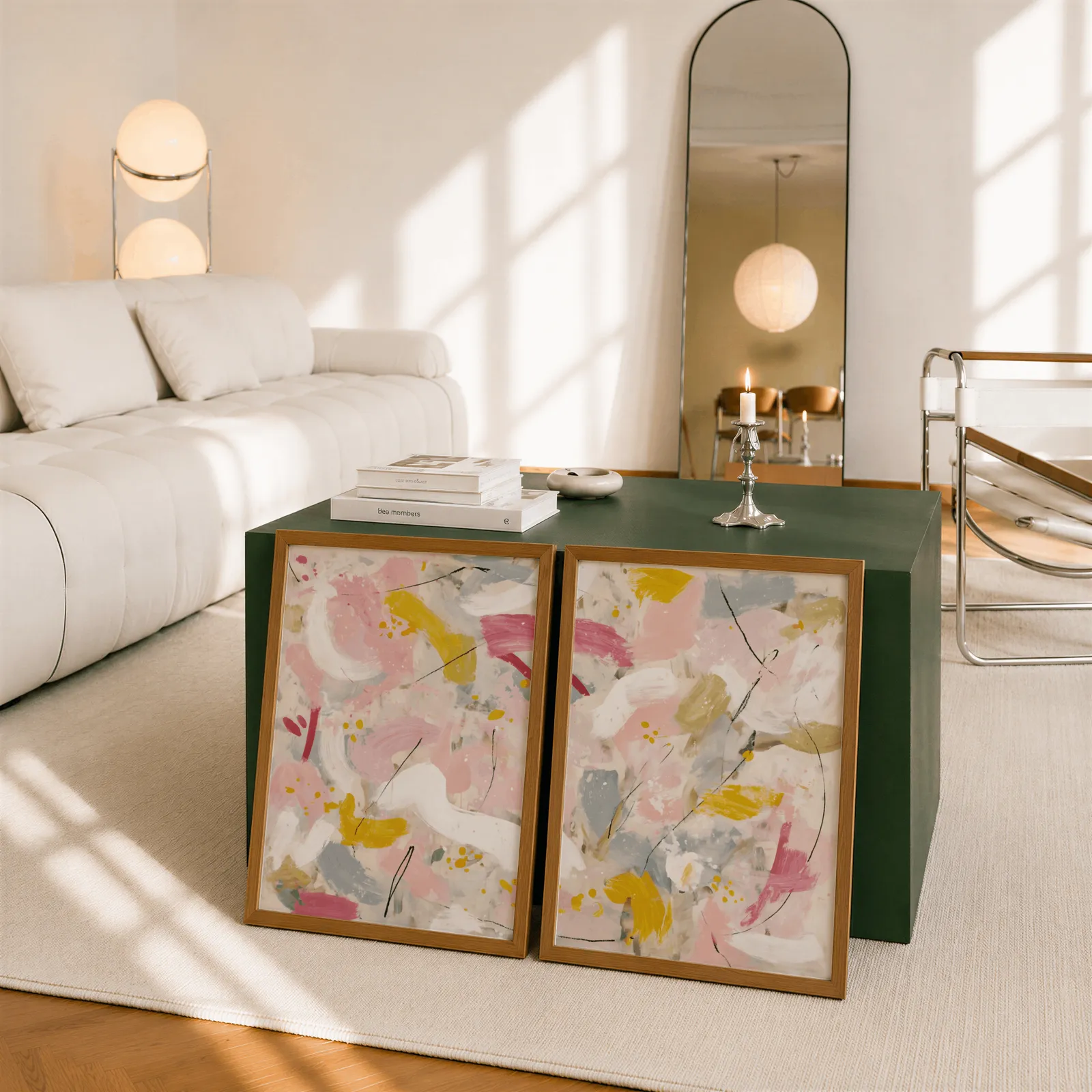 pink and yellow abstract wall art set of two, leaning against a dark green cube table beside an arched mirror