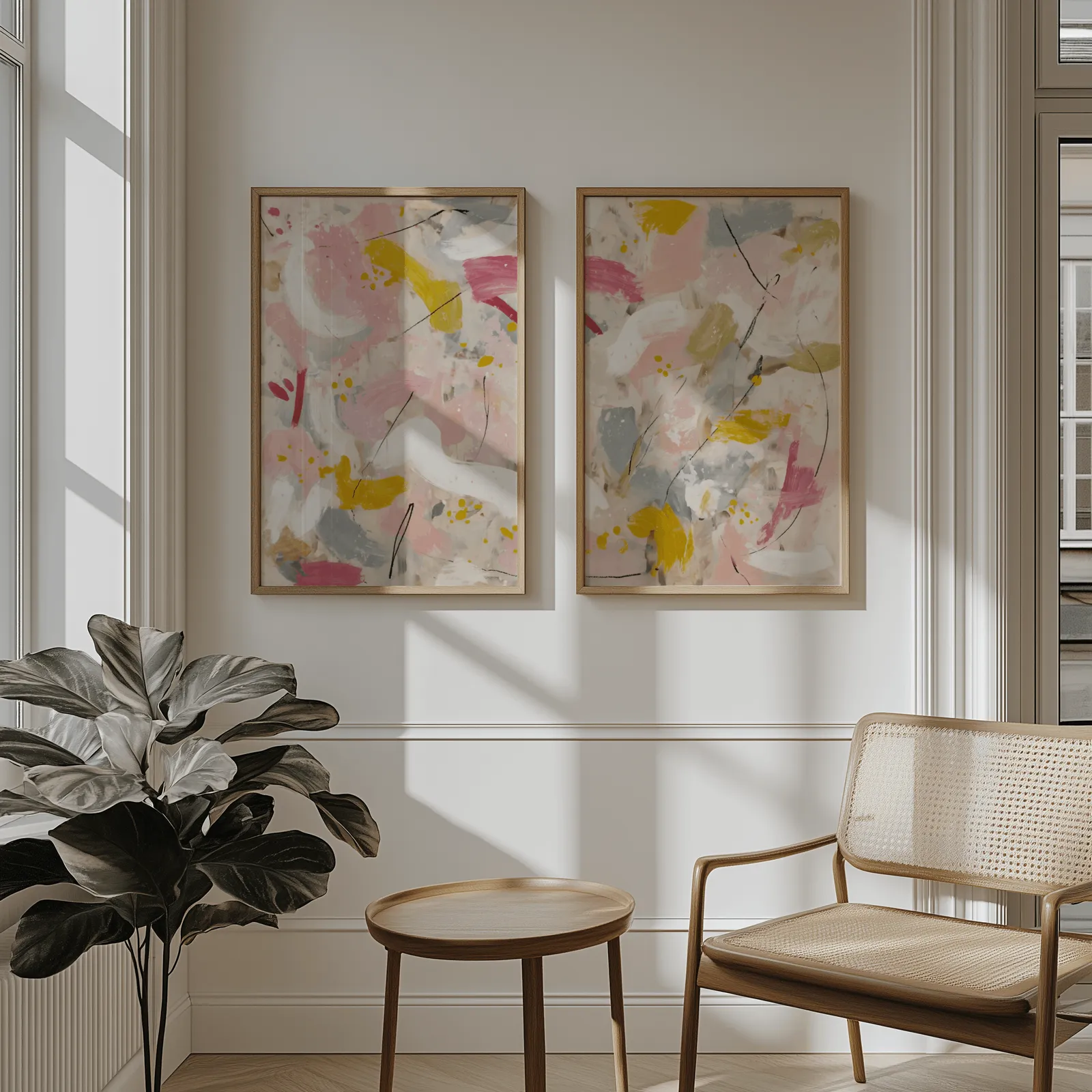 pink and yellow abstract wall art set of two, above wainscoting beside a cane armchair and fiddle-leaf fig
