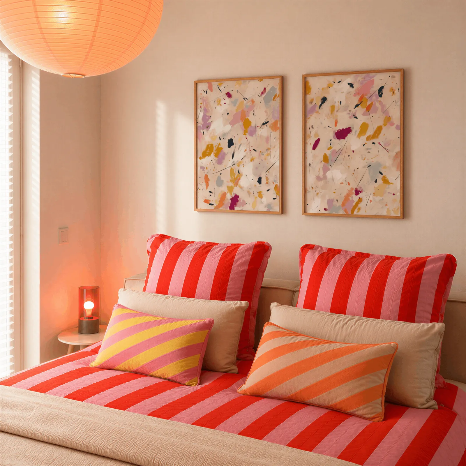 colorful abstract confetti wall art set of two, above a bed piled with red and pink striped pillows