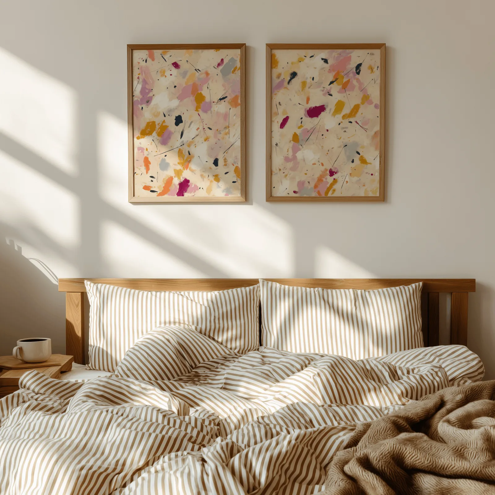 colorful abstract confetti wall art set of two, above a wooden headboard with striped bedding and raking sunlight