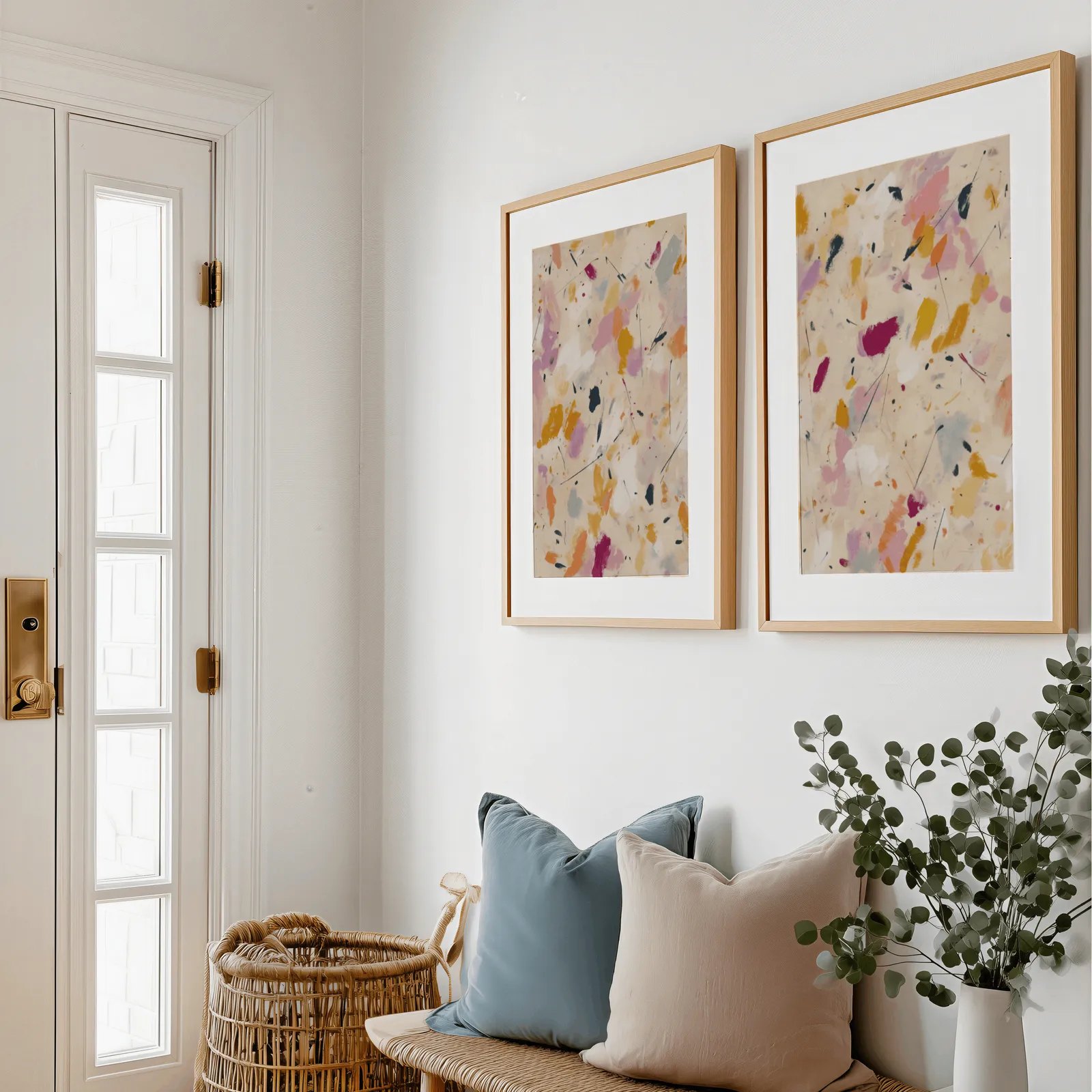 colorful abstract confetti wall art set of two, above a bench with blue and blush pillows near the entry door
