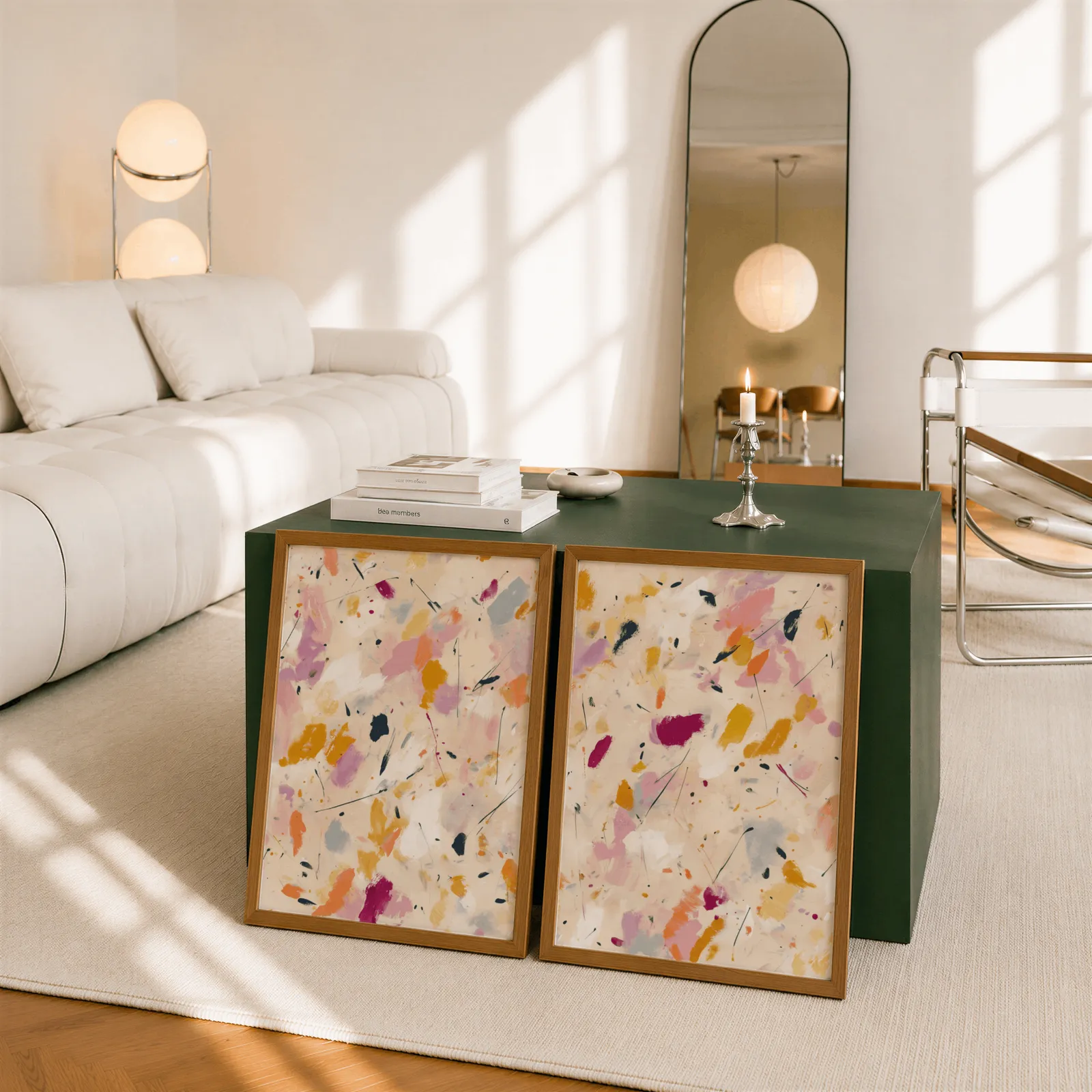 colorful abstract confetti wall art set of two, leaning against a dark green cube table beside an arched mirror