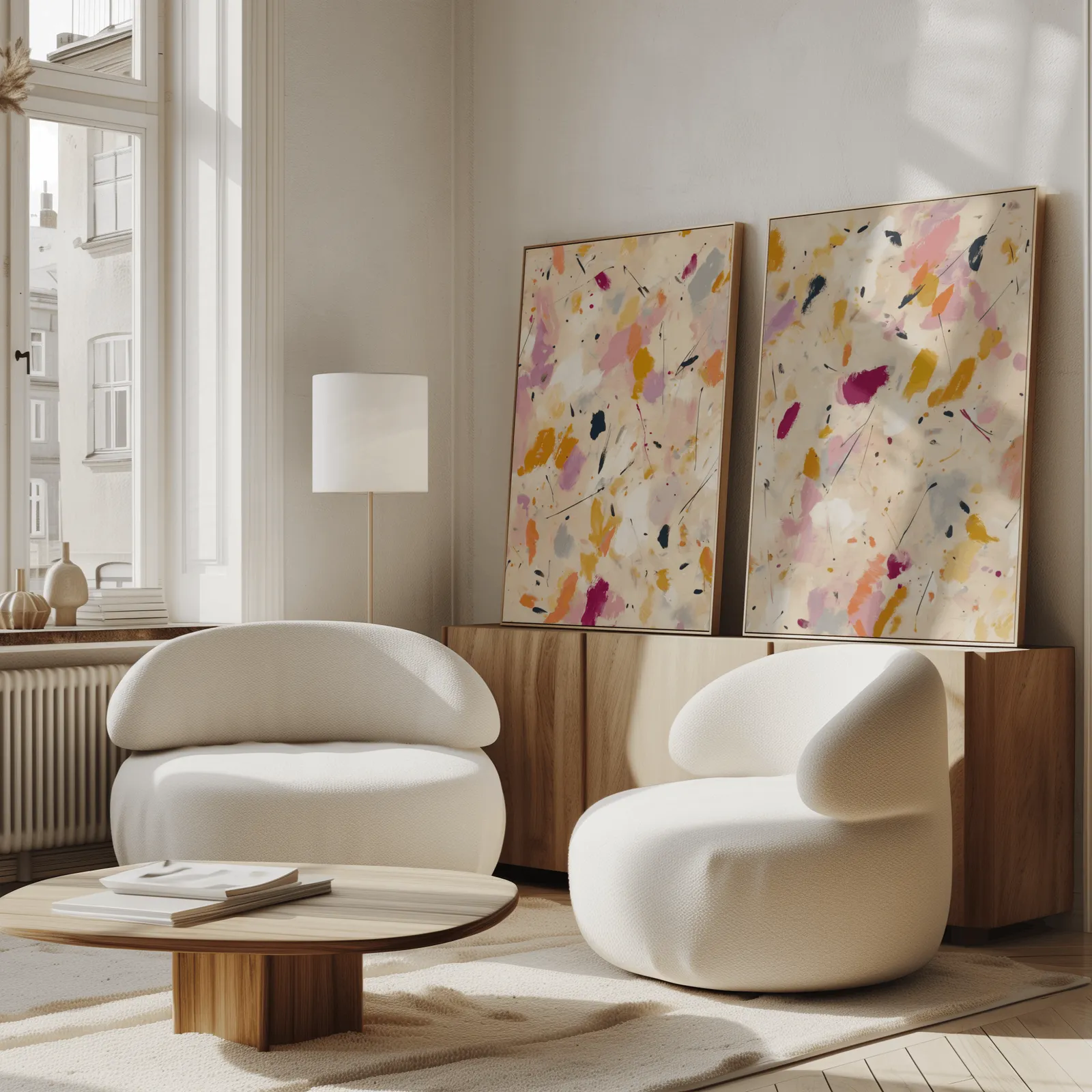 colorful abstract confetti wall art set of two, propped against a wooden sideboard beside boucle armchairs