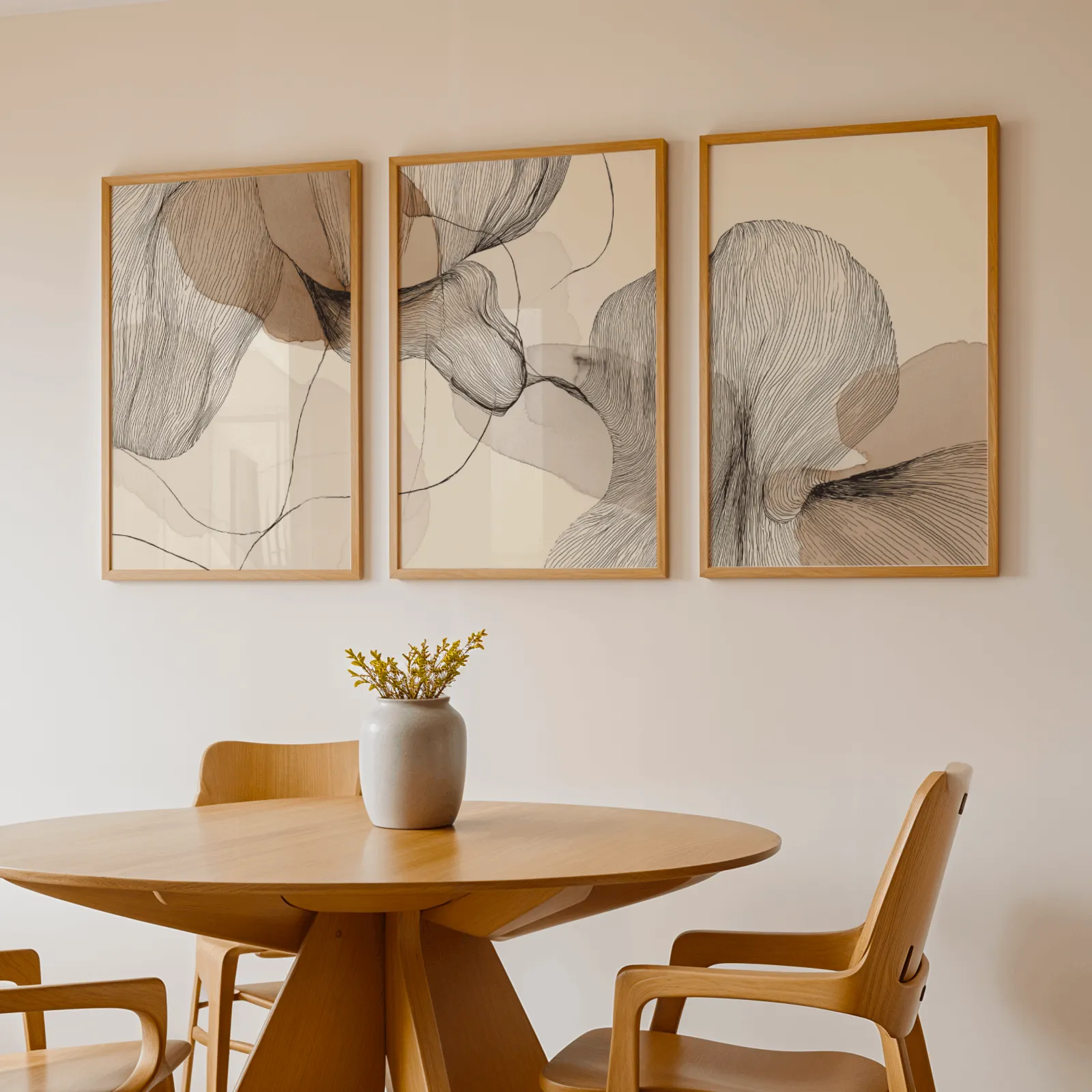 neutral abstract line art set of three, above a round wooden table with a stoneware vase