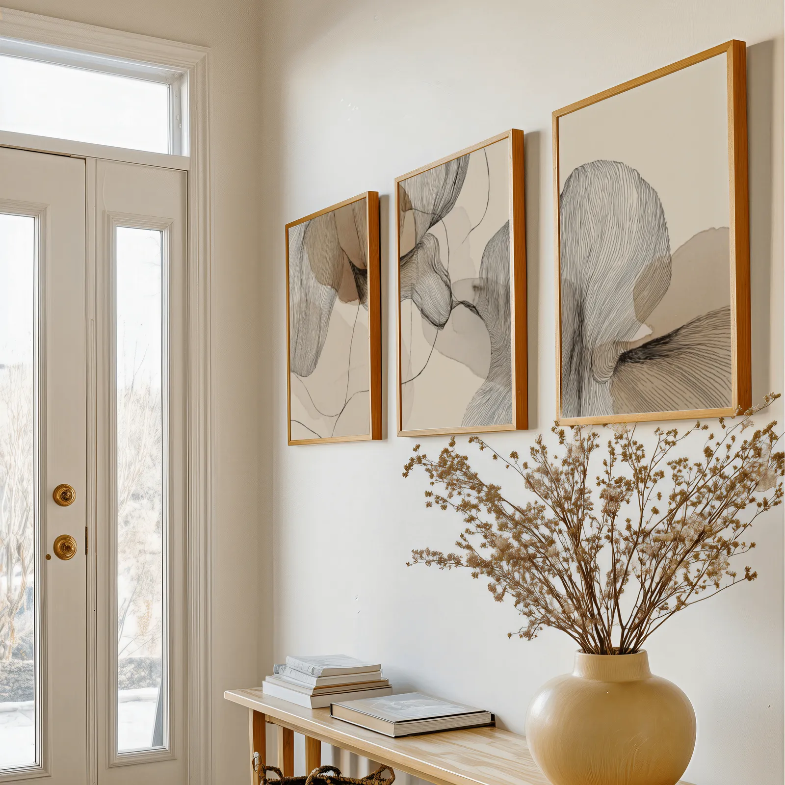 neutral abstract line art set of three, above a console table with a yellow vase of dried branches
