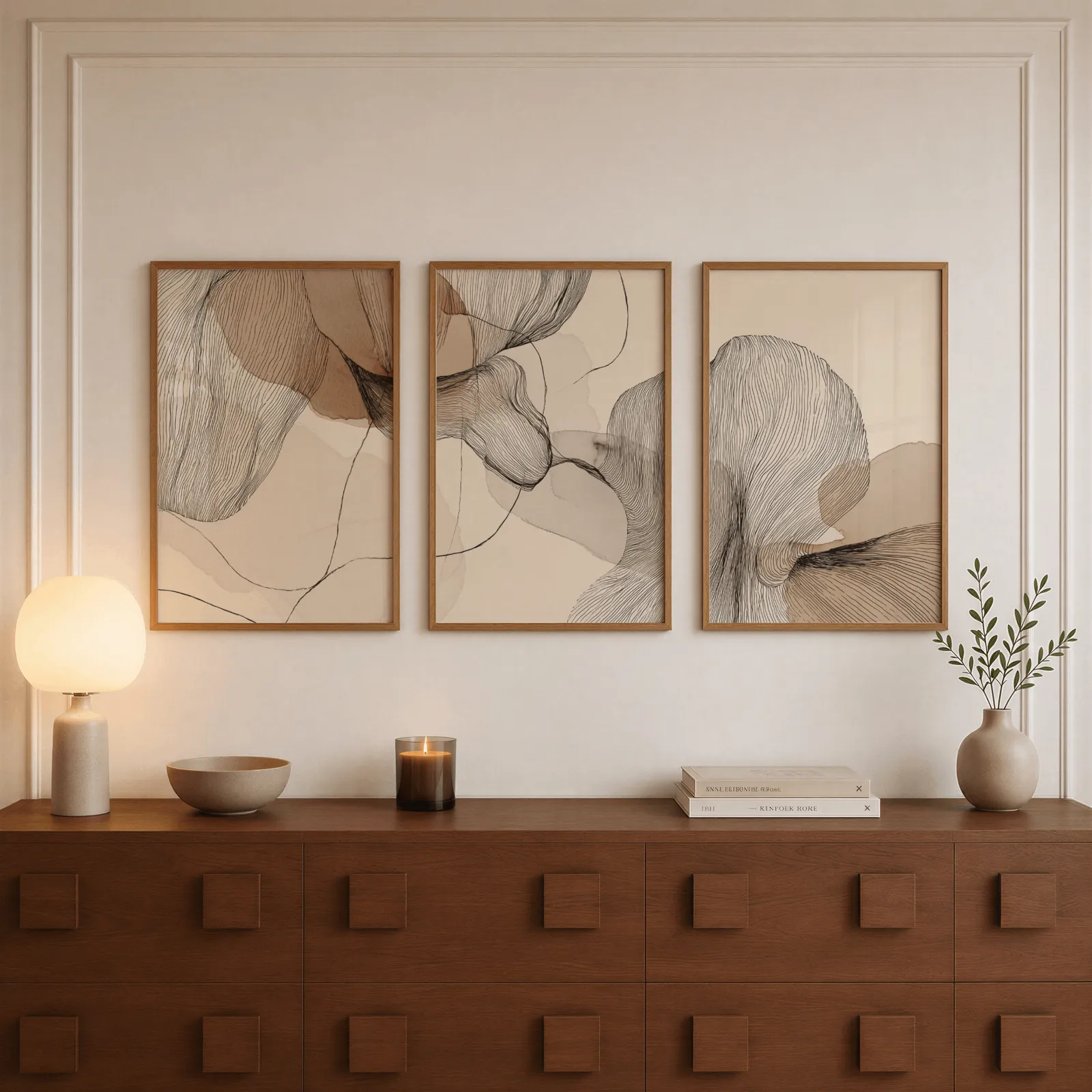 neutral abstract line art set of three, above a walnut sideboard with a lit candle and glowing lamp