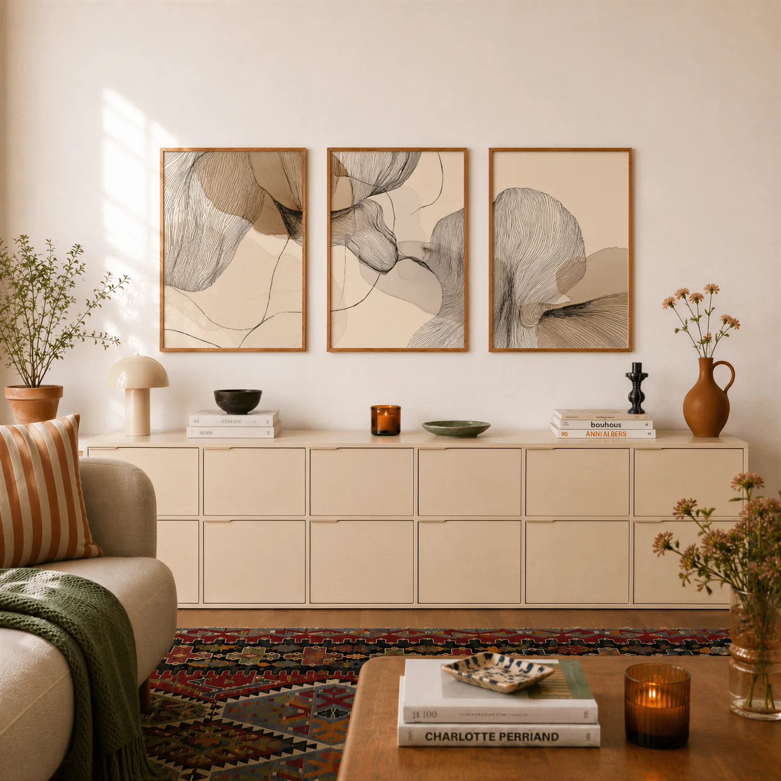 neutral abstract line art set of three, above a long cream sideboard topped with books and a terracotta jug