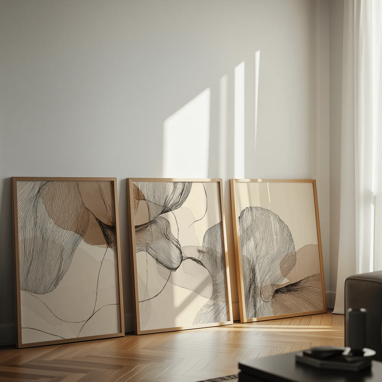 neutral abstract line art set of three, leaning against a sunlit wall on herringbone flooring