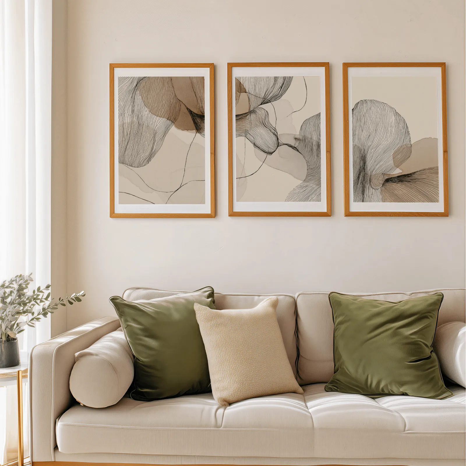 neutral abstract line art set of three, above a beige sofa piled with olive green cushions