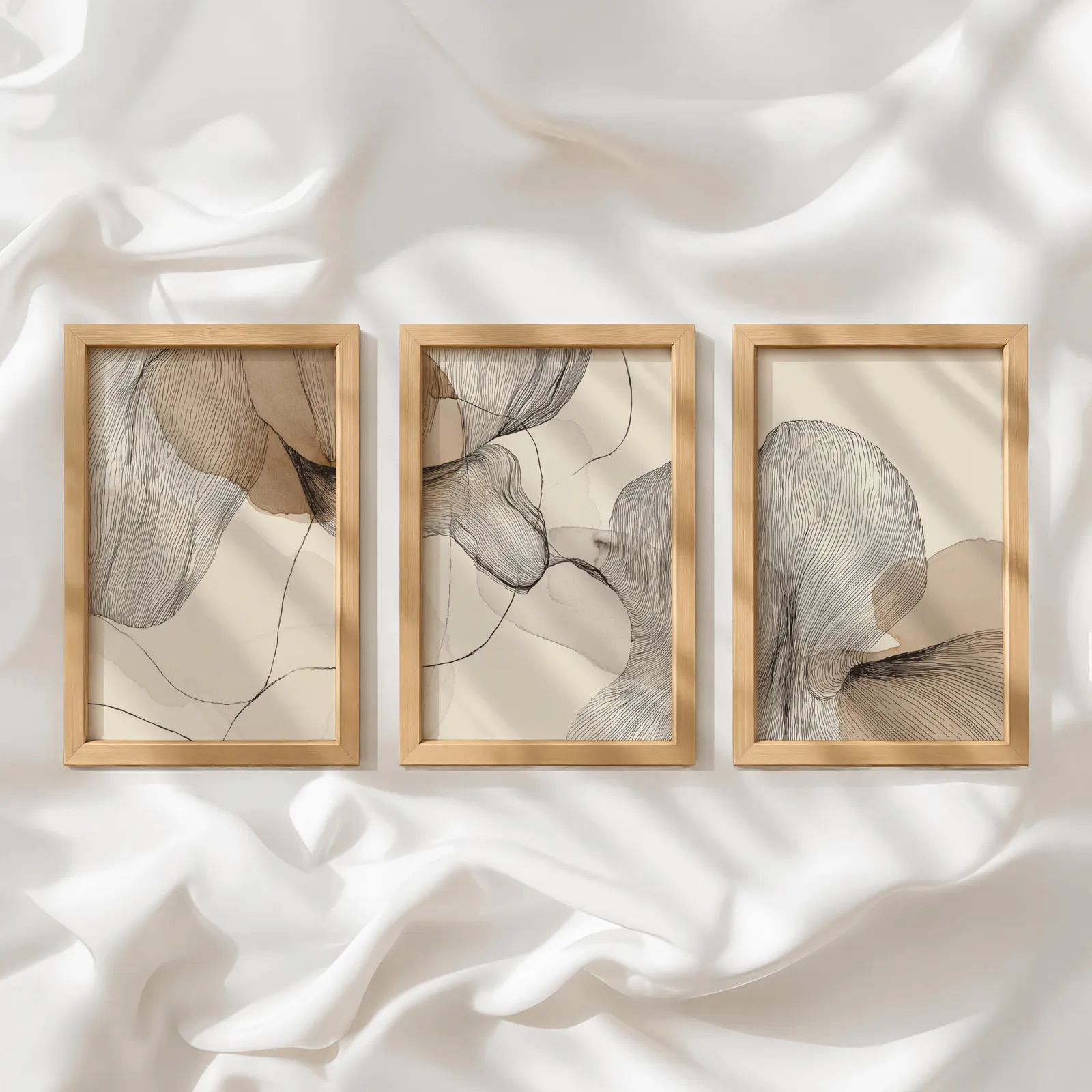 neutral abstract line art set of three, in a row atop rumpled white silky fabric