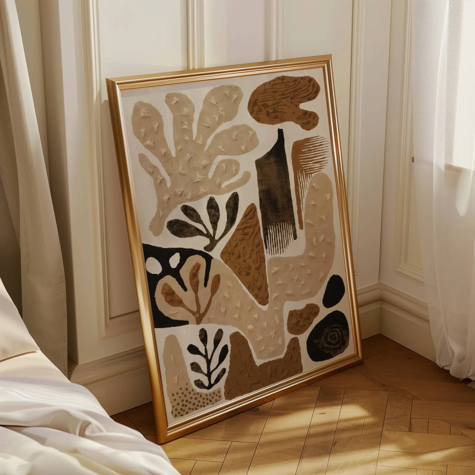 brown abstract botanical wall art, leaning in a sunlit corner beside sheer curtains and herringbone floor