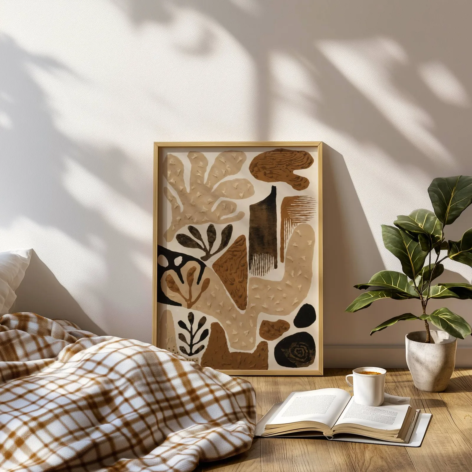 brown abstract botanical wall art, leaning on a sunlit floor beside a plaid blanket and open book