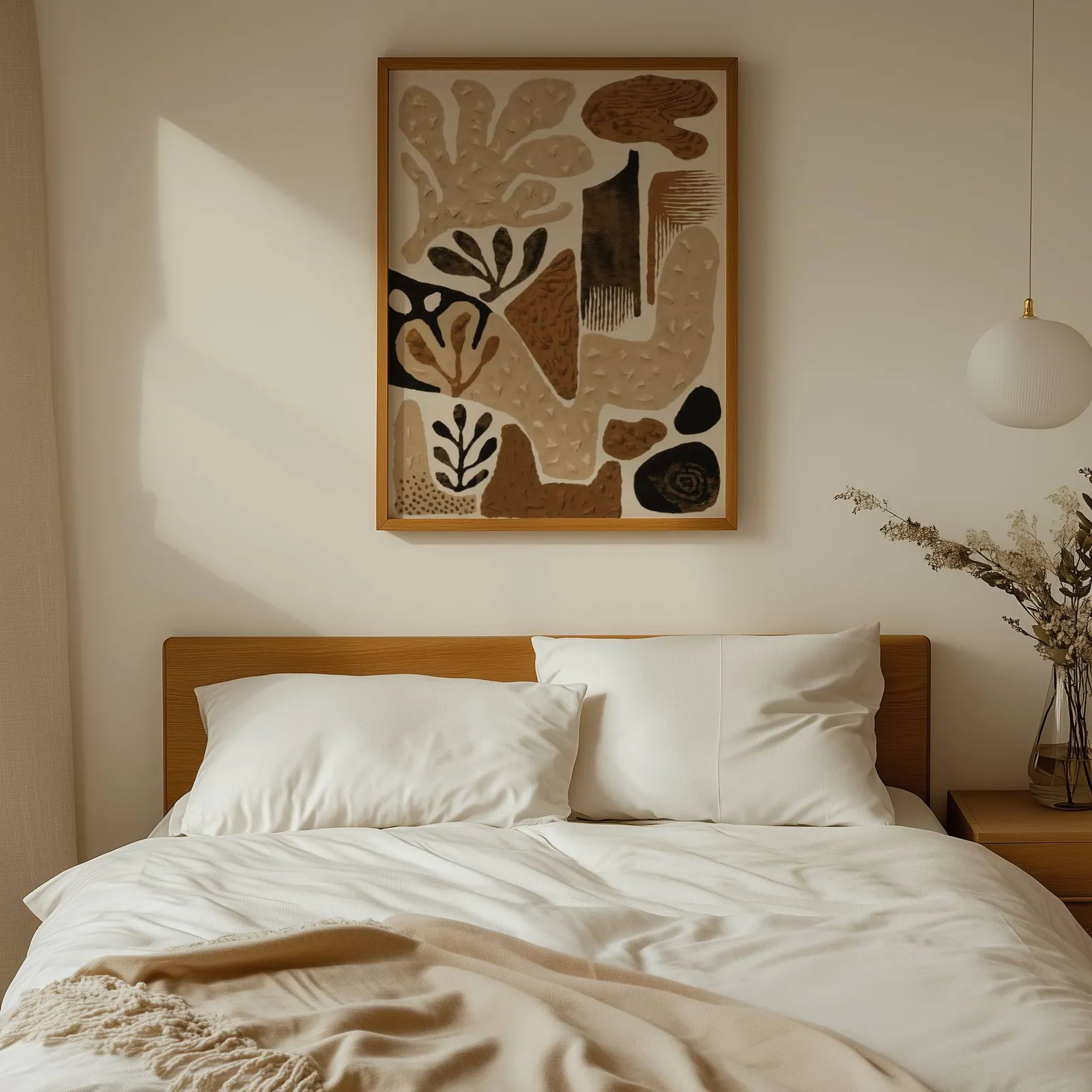 brown abstract botanical wall art, above a wooden headboard with white linen pillows