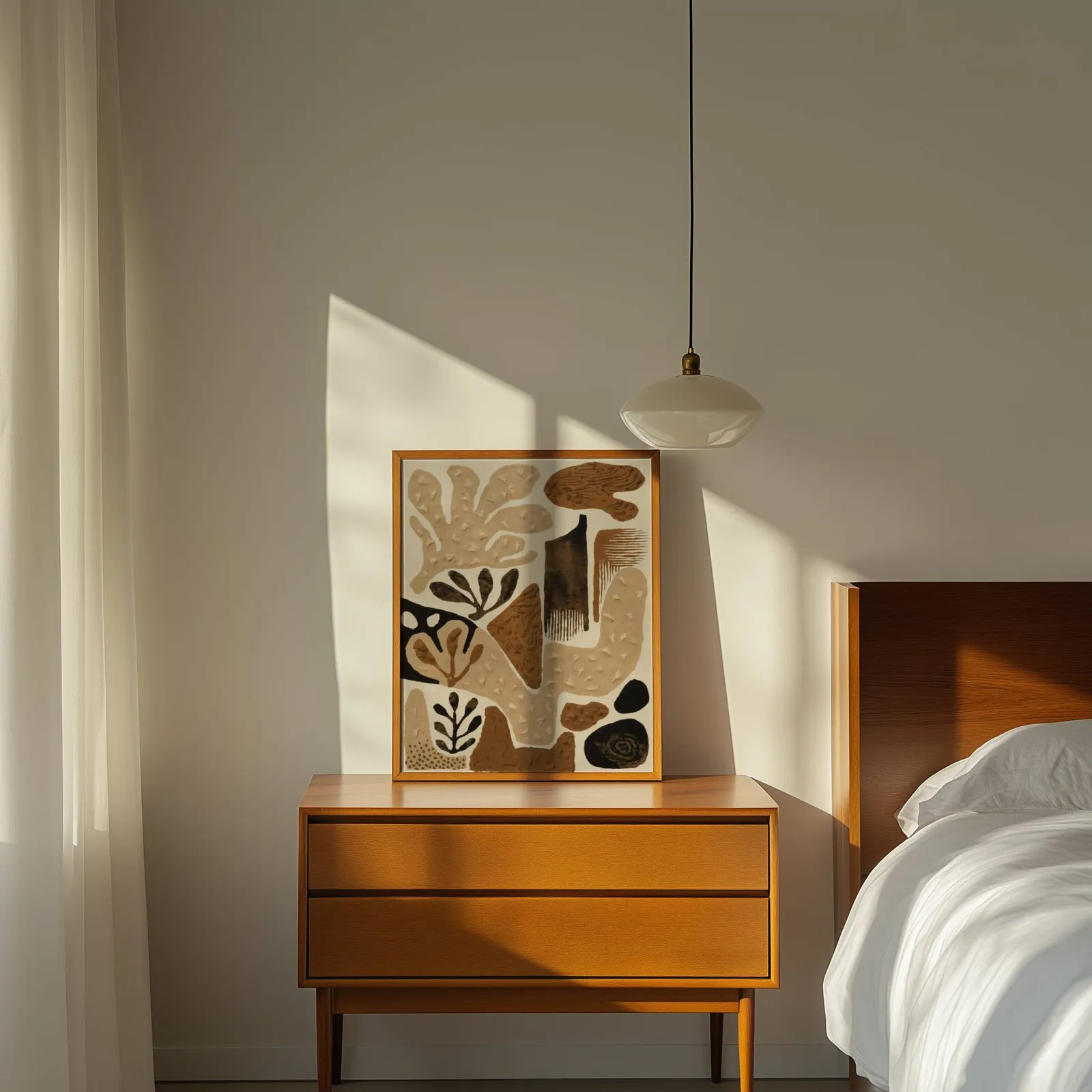 brown abstract botanical wall art, propped on a wooden dresser beside a pendant lamp