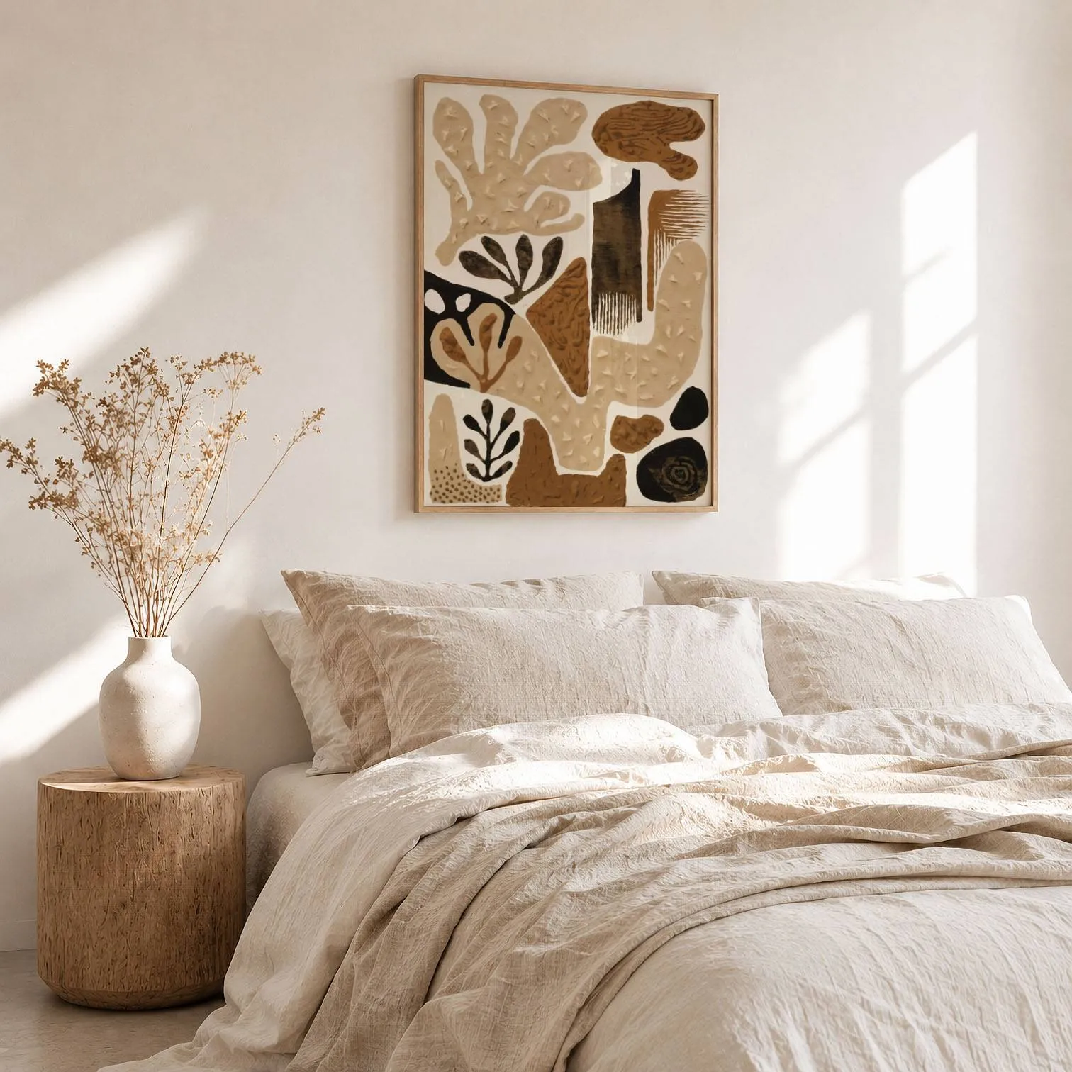 brown abstract botanical wall art, above a rumpled linen bed beside a stump side table