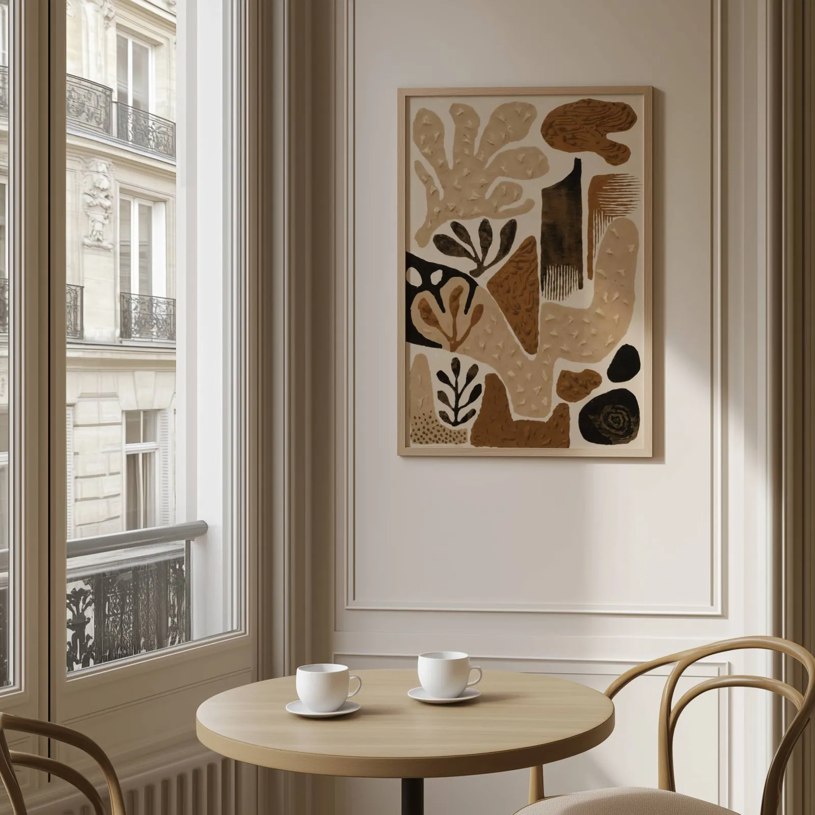 brown abstract botanical wall art, above a round café table set with two coffee cups
