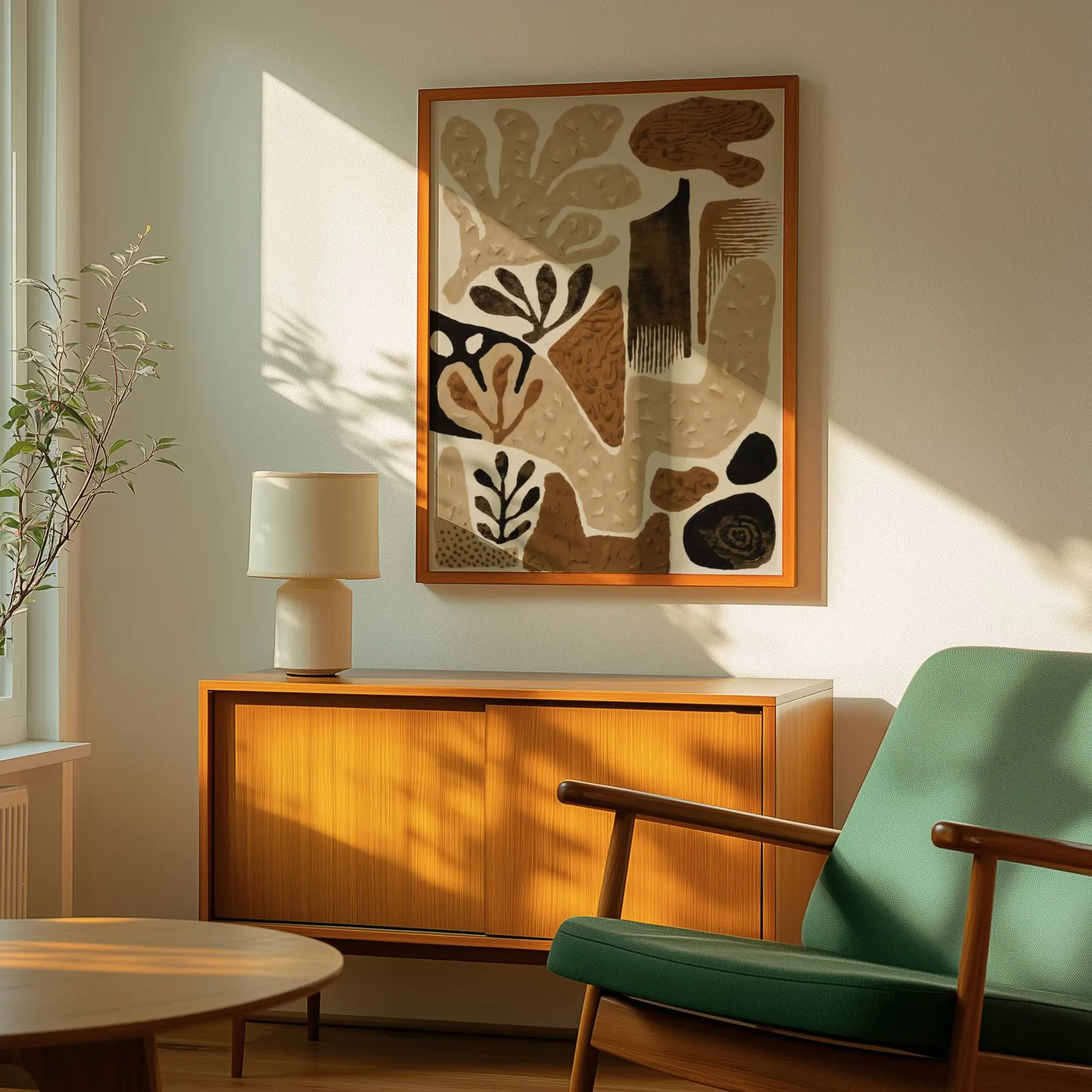 brown abstract botanical wall art, above a wooden sideboard with a ceramic lamp and dappled sunlight