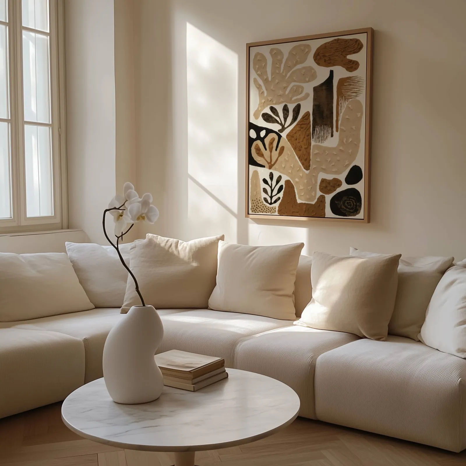 brown abstract botanical wall art, above a cream sectional beside a tall sunlit window